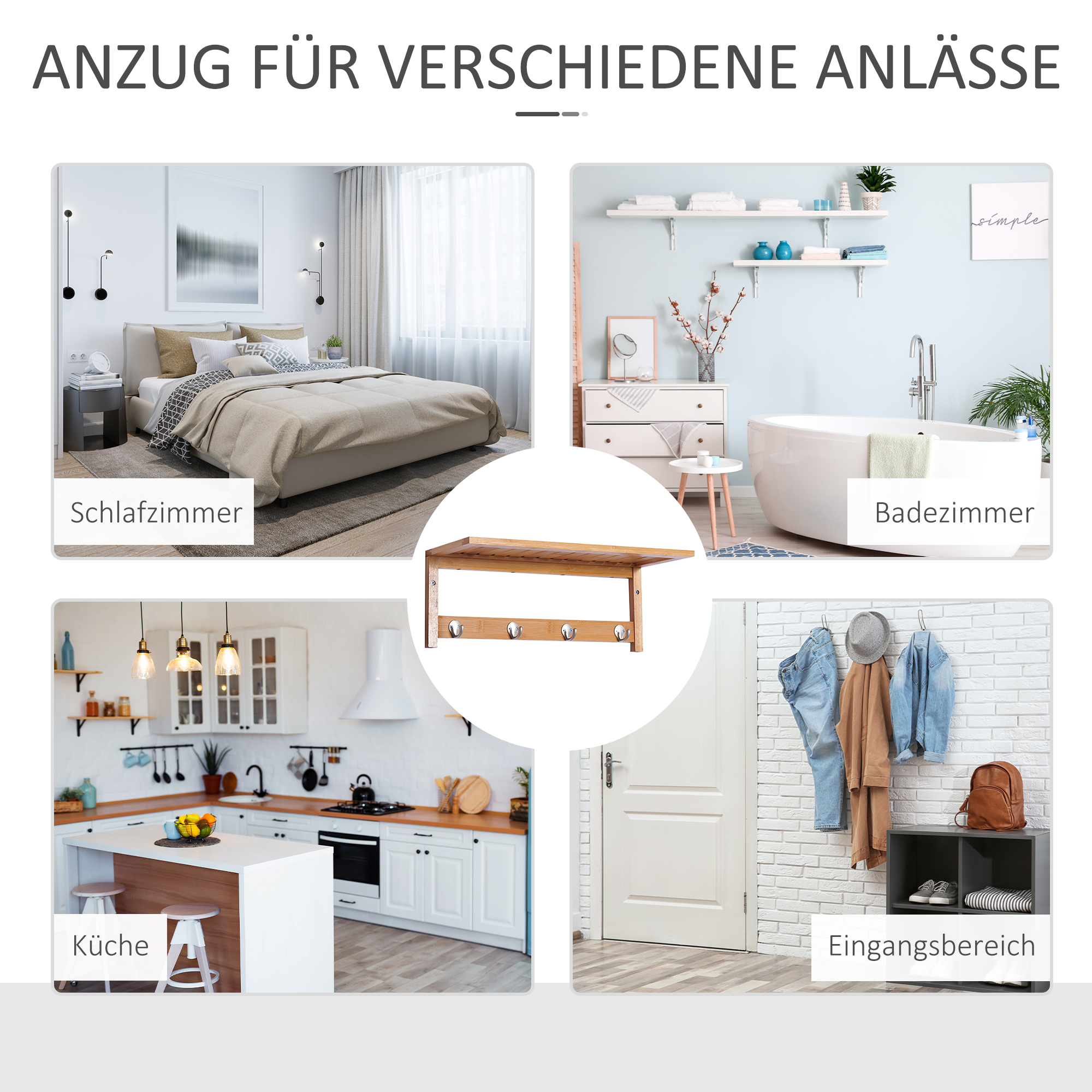 Wandgarderobe Garderobe mit Haken Wandmontage platzsparend 5 kg belastbar, 50 x 16 x 17,5 cm Naturholz