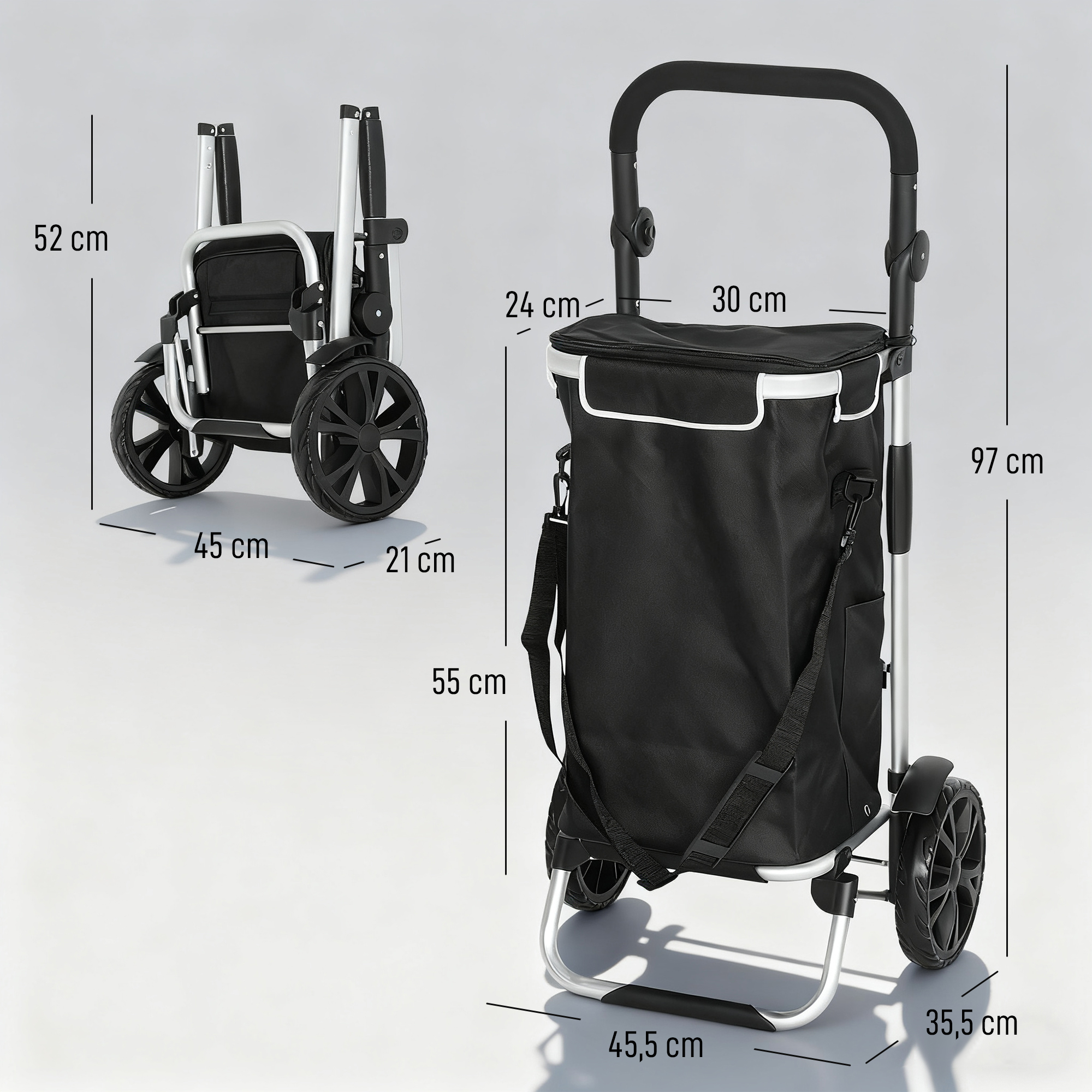 3-in-1 Einkaufstrolley klappbar mit 40L Kapazität belastbar Trolley bis 25kg mit Kühlfach Schwarz