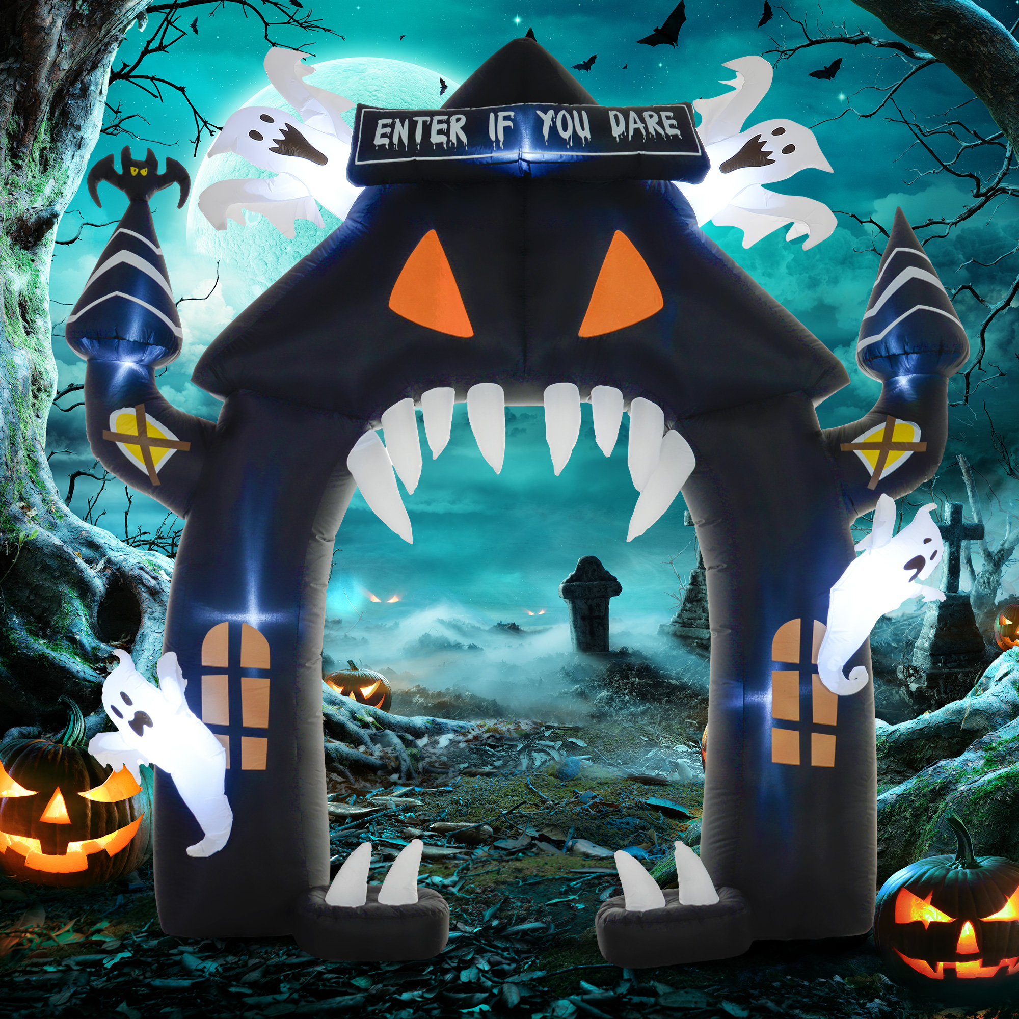 Aufblasbarer Halloween-Torbogen, 4 Geister, LED-Lichter, wasserdicht, 300 x 76 x 300 cm