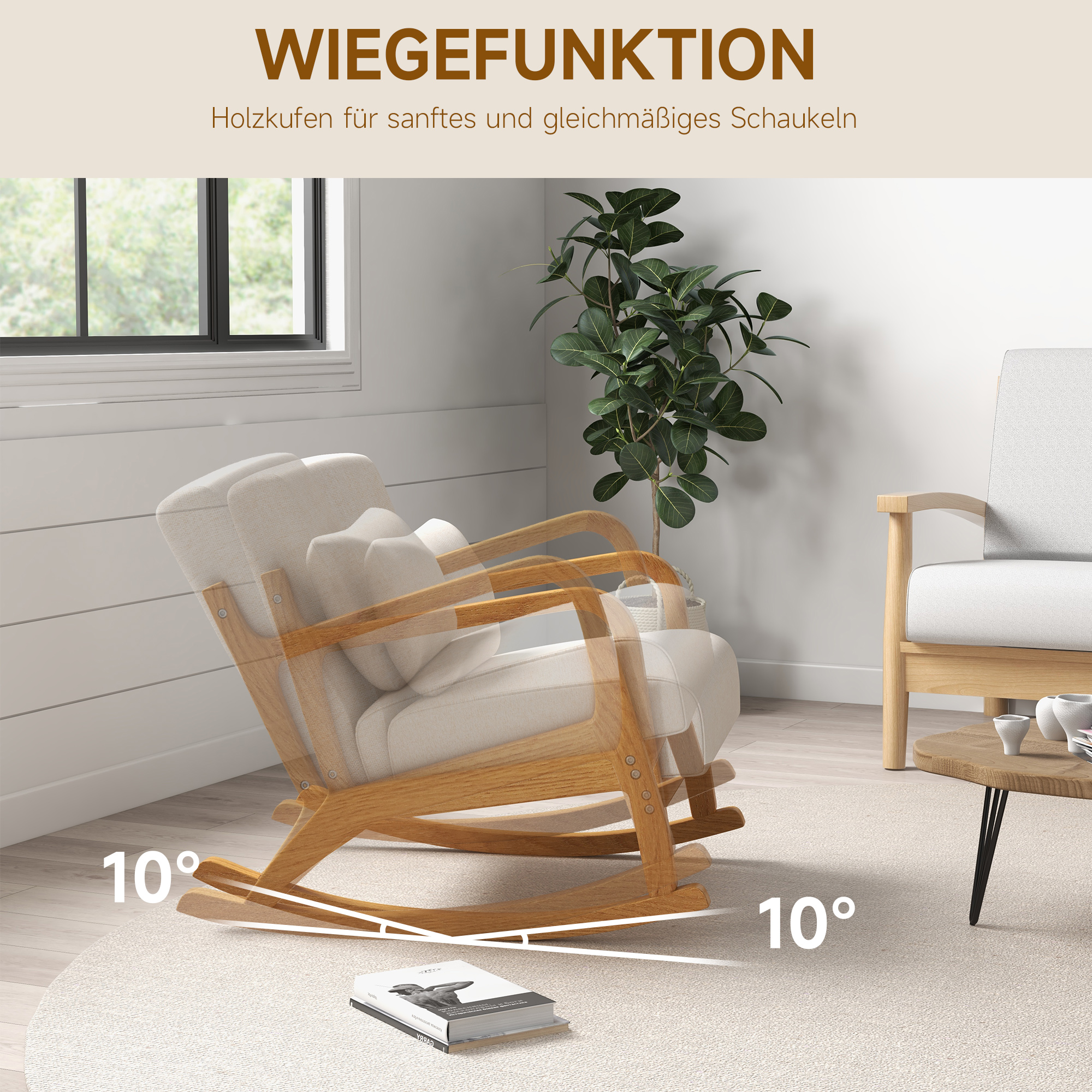 Schaukelstuhl im Retrodesign, Gummibaumholz, 64,5 cm x 92 cm x 81, 5 cm, Beige + Braun