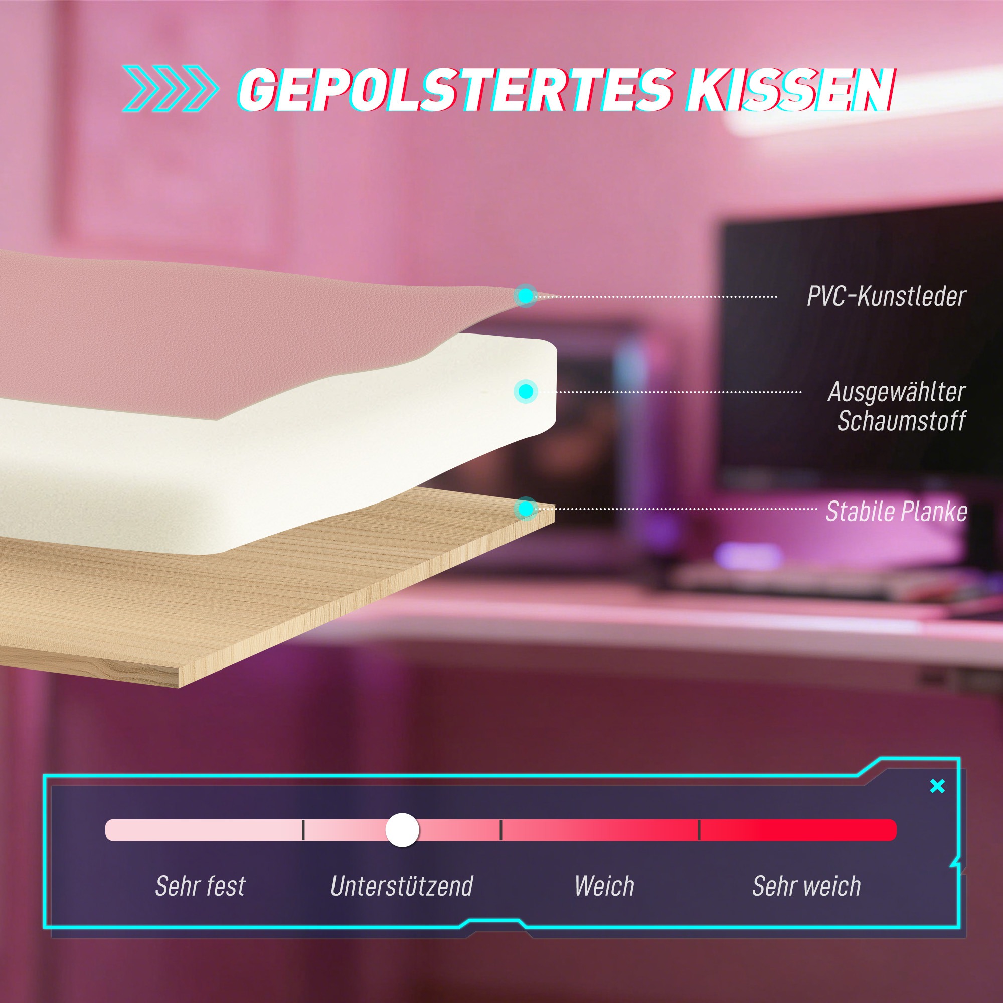 ergonomischer Gaming-Stuhl, Katzenohren-Gamer-Stuhl aus Kunstleder mit Lendenstütze, Fußstütze, Kopfstütze, Rosa