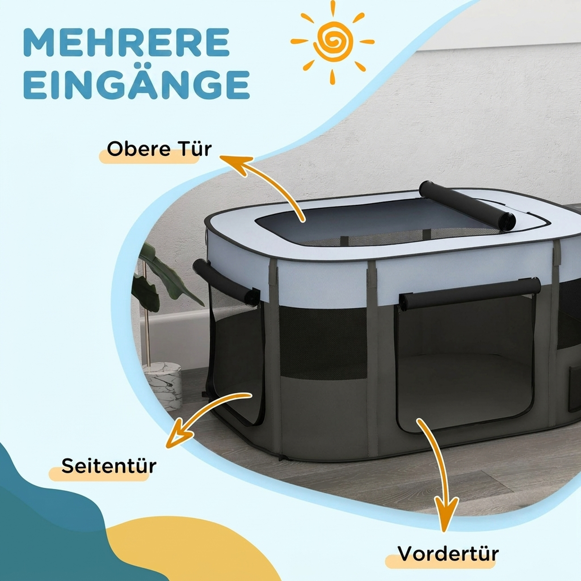 Spielgehege für Haustiere, faltbar, mit Aufbewahrungstasche, für Welpen und Kätzchen, drinnen und draußen, Grau