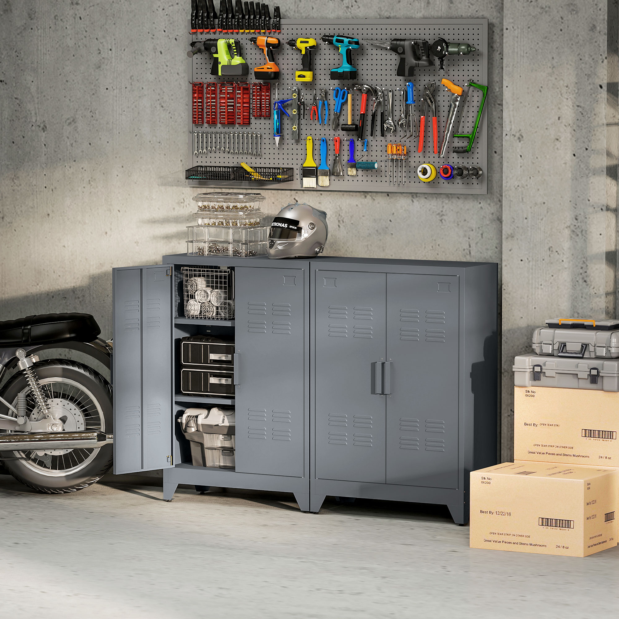 Aktenschrank mit Lamellentüren, Lagerschrank, Metallschrank mit 2 verstellbaren Einlegeböden, 75 x 33 x 110 cm, Grau
