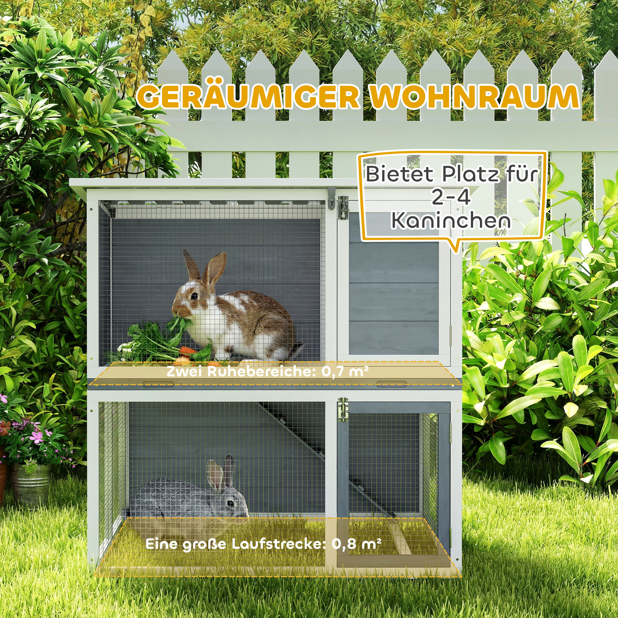 Hasenstall 2 Etagen, Kaninchenstall aus Holz mit wetterfest aufklappbares Dach, Freilaufgehege, Rampe, 98x95x102,5 cm Grau
