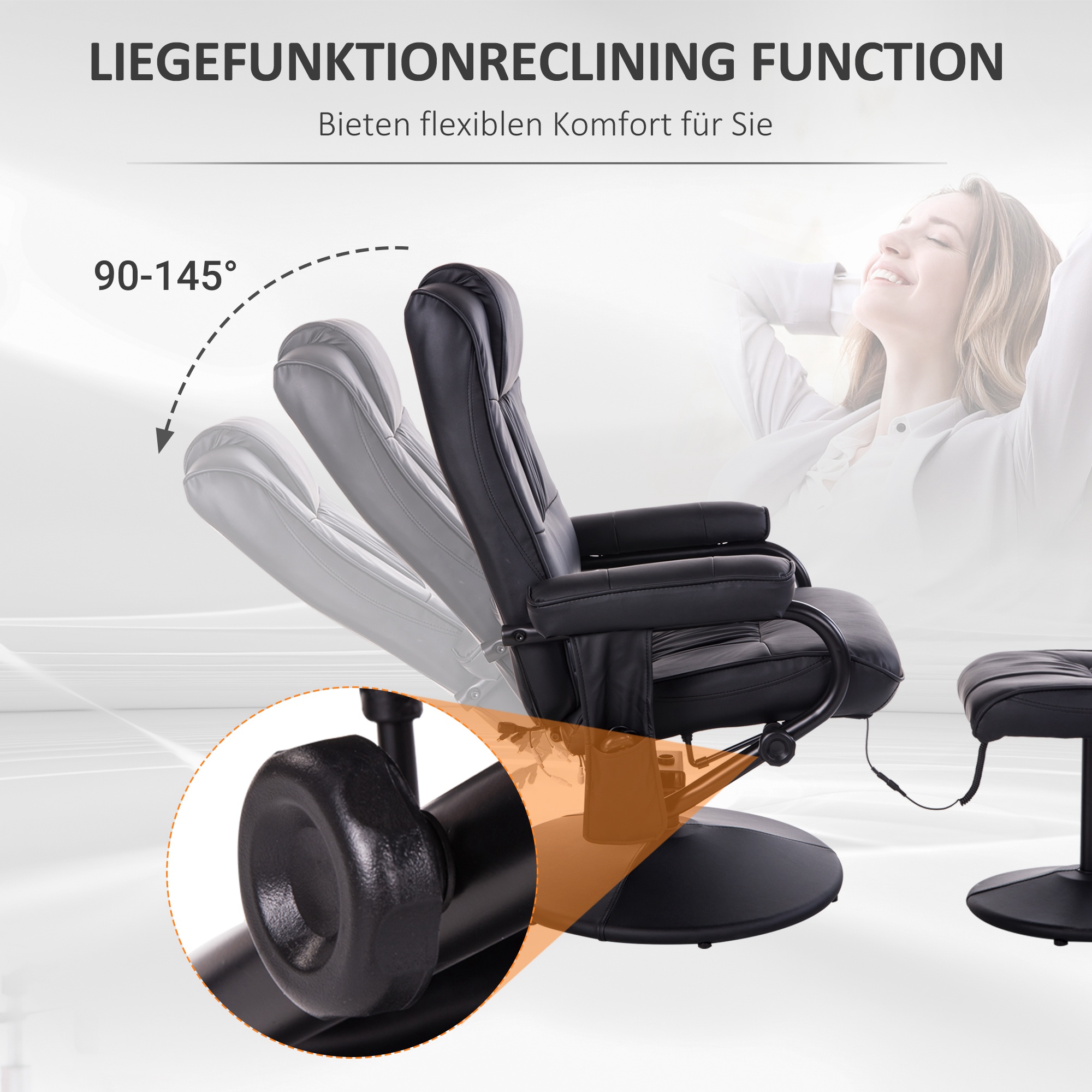 Massagesessel mit Hocker, Drehbares Relaxsessel mit Massagefunktion, Elektrisches Fernsehsessel mit Liegefunktion, Fernbedienung für Wohnzimmer, Kunstleder, Schwarz
