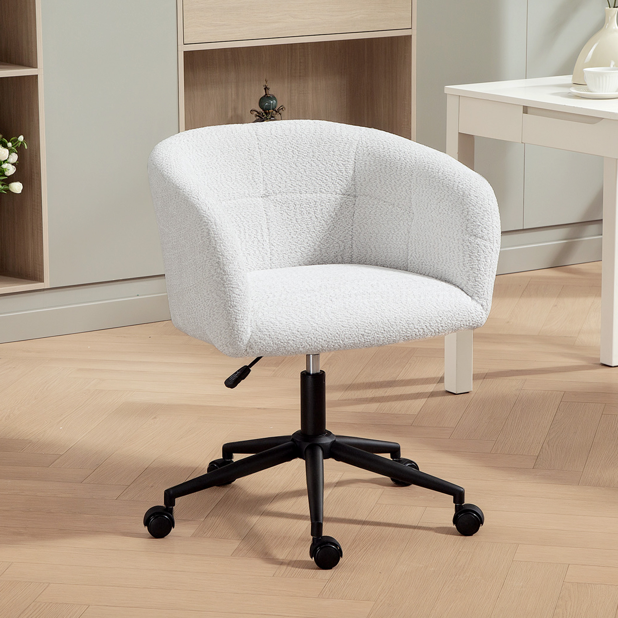 gepolsterter Bürostuhl mit Plüschbezug, Wannen-Design, rollbarer Schreibtischstuhl, Stahlbasis, Creme+Schwarz