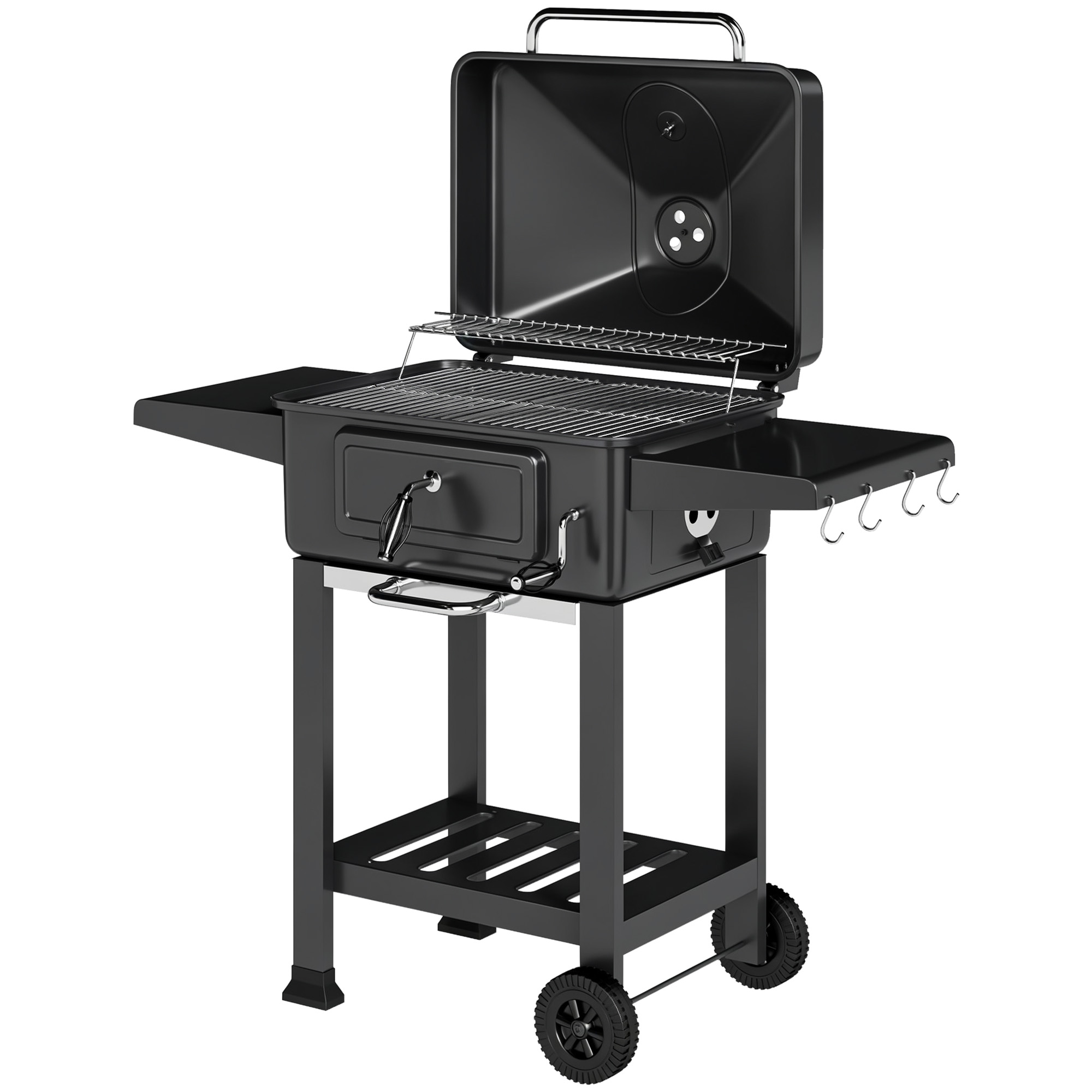 Holzkohlegrill BBQ Smoker mit Deckel Thermometer höhenverstellbar Kohlepfanne Grillrost Seitentisch Aschefach