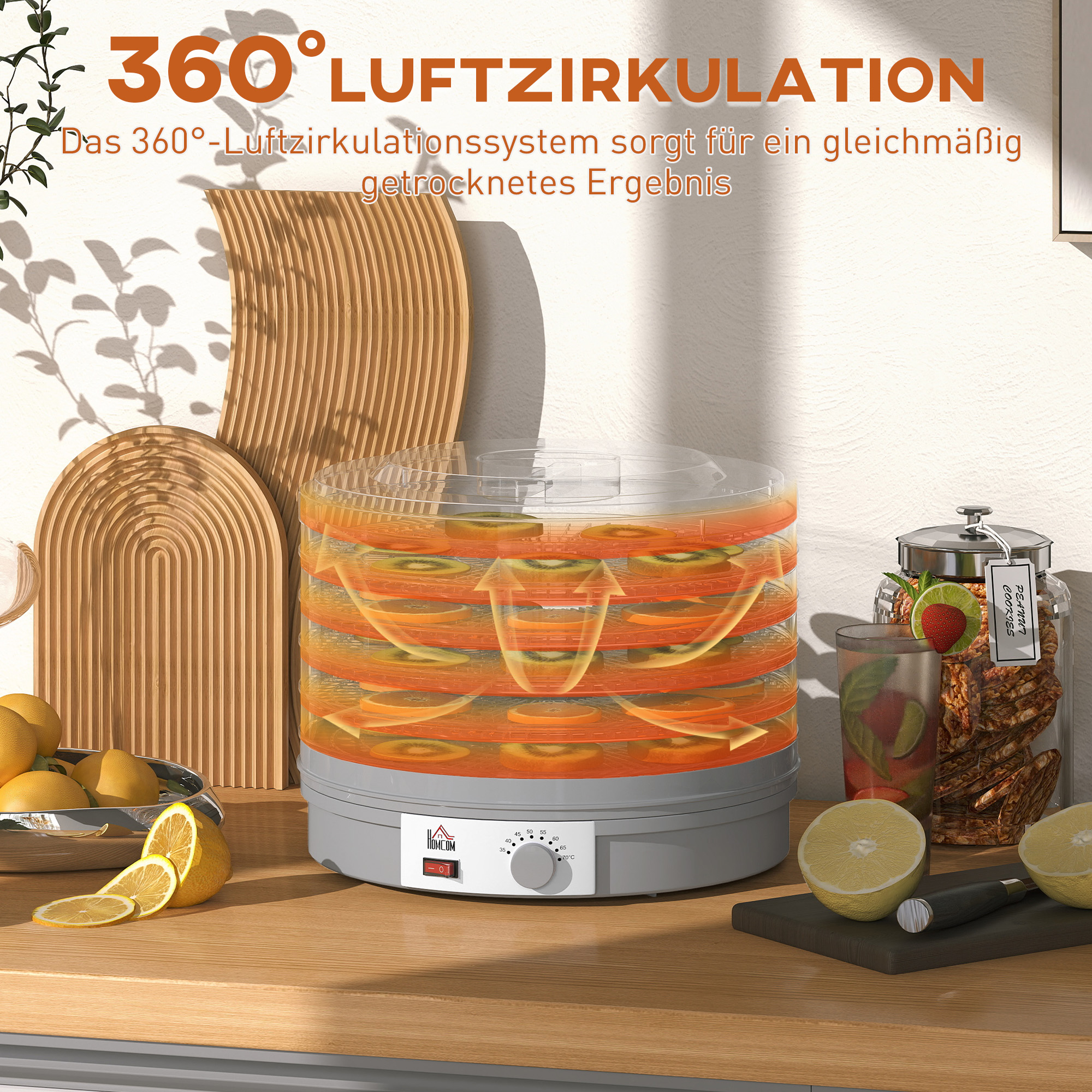 5-stöckiger Dörrautomat, 245W Dörrofen mit einstellbarer Temperaturregelung, Grau