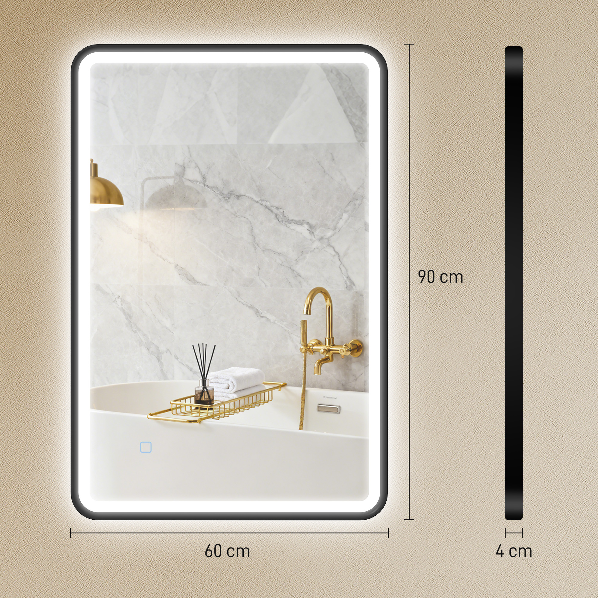 90 x 60 cm LED-Badezimmerspiegel, Lichter, 3 Farben, dimmbar, Memory-Funktion, horizontal und vertikal, Schwarz