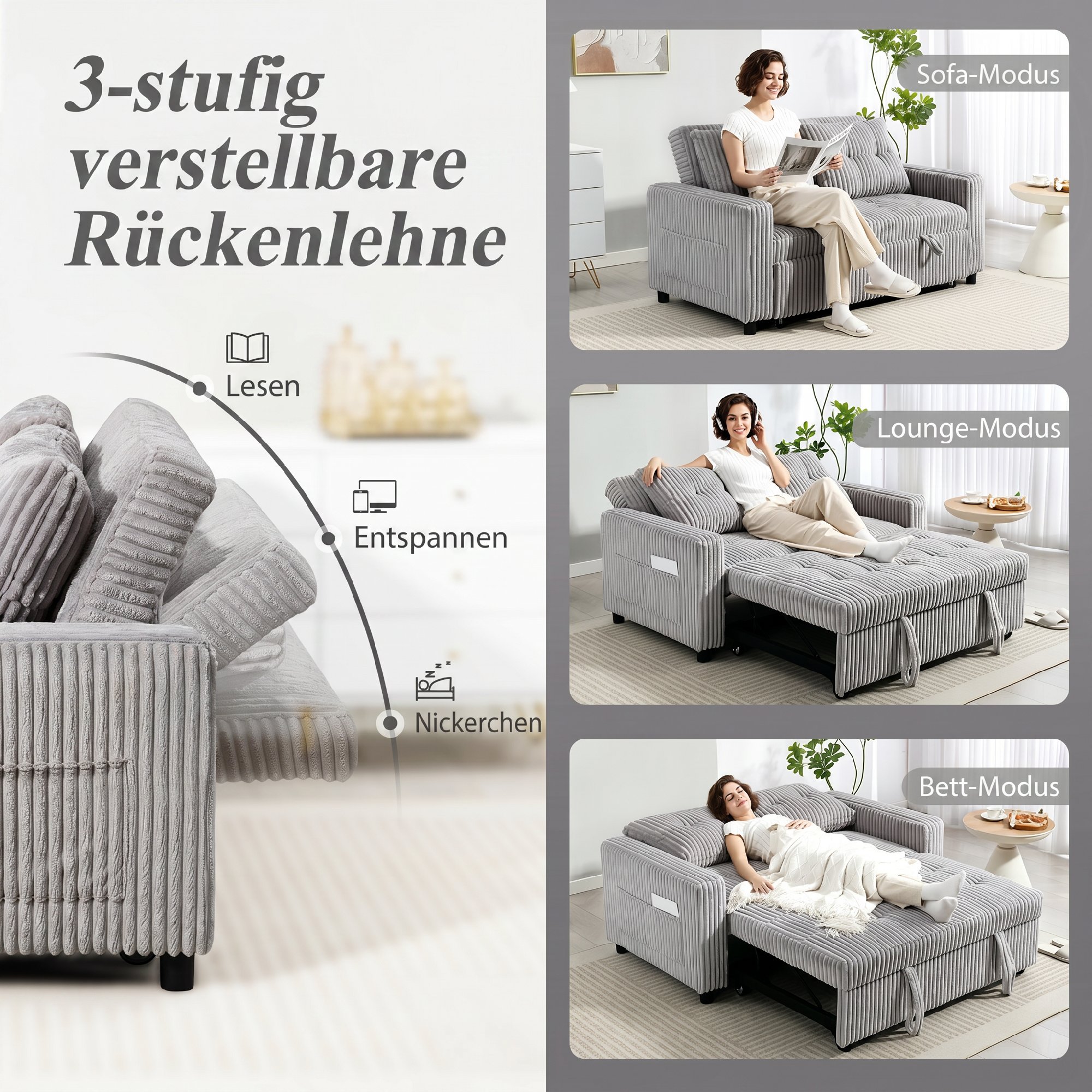 2-Sitzer Sofabett, Cordbezug, zum Schlafsofa umwandelbar, 2 Kissen, Seitentaschen, 157 x 190 cm, Hellgrau