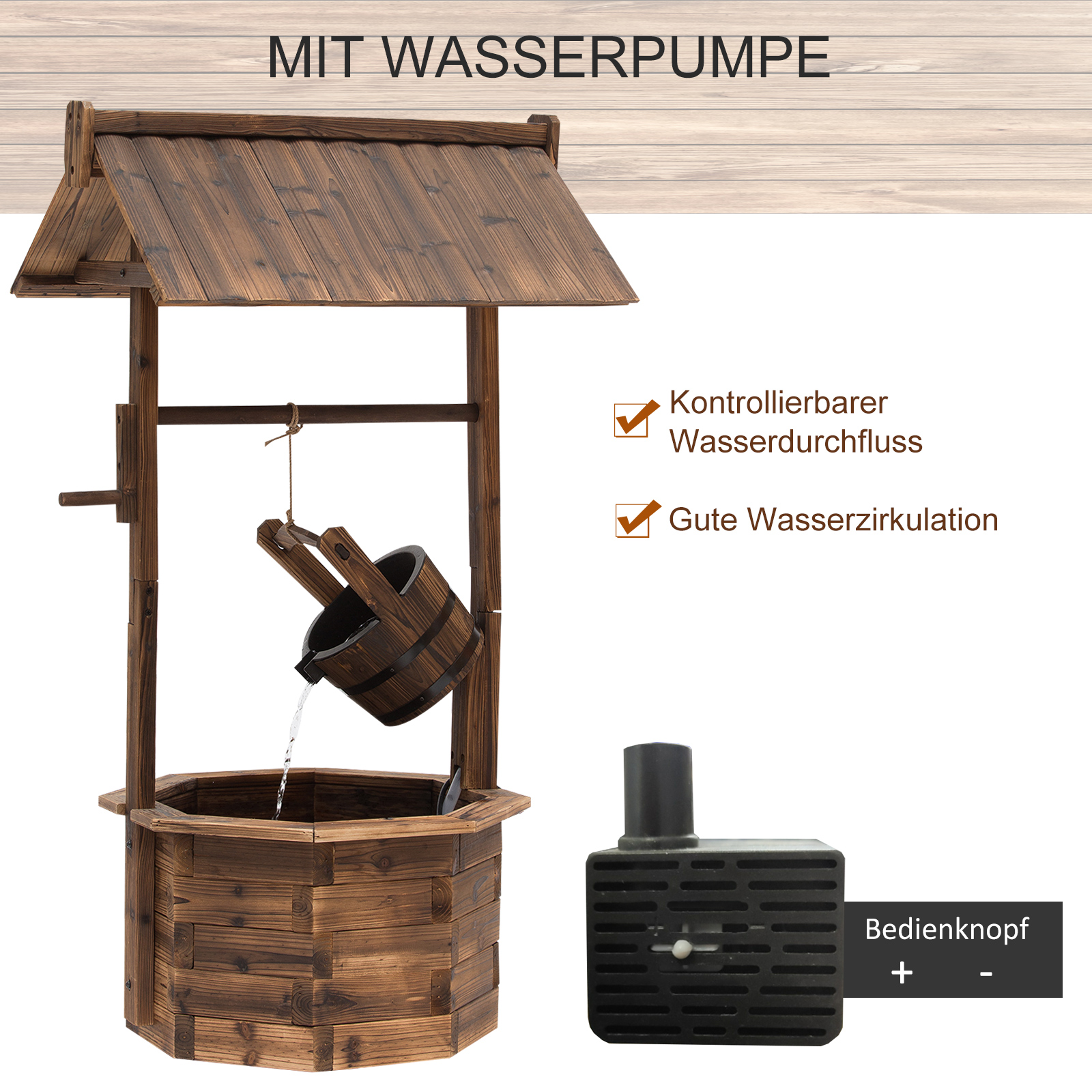 Gartenbrunnen, Zierbrunnen, Springbrunnen, Wasserfall, Regulierbar, Massivholz, Braun, 68 x 57 x 118 cm