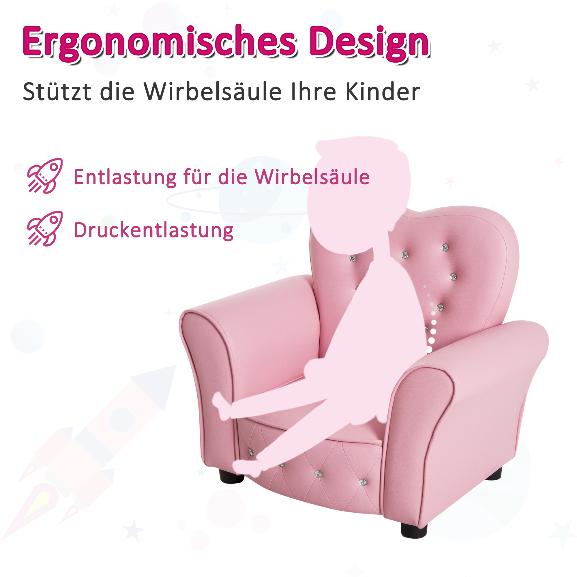 Kindersofa Kindersessel Prinzessin Minisofa Kinderzimmer Sofa herzförmig Rosa L59 x B41,5 x H49 cm