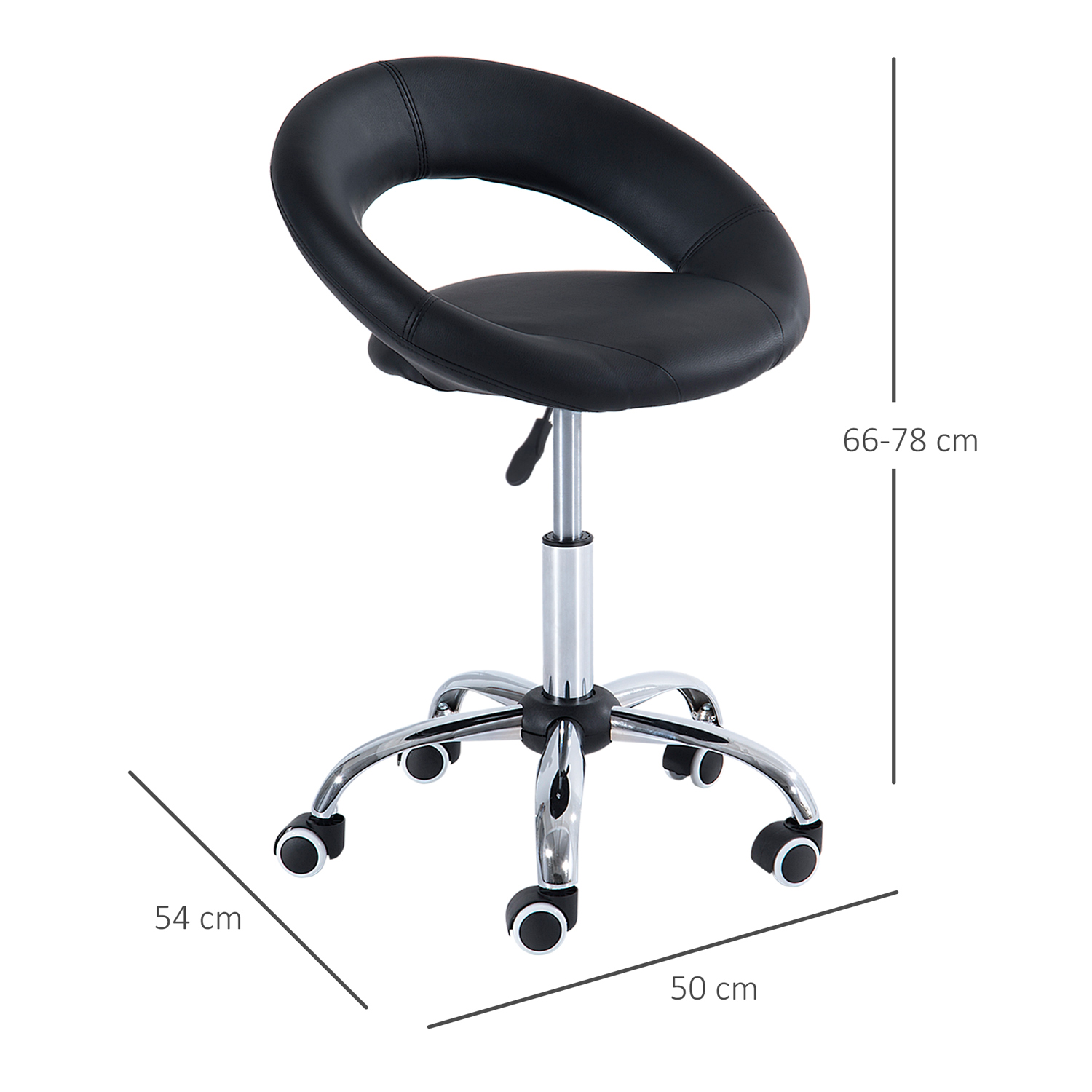 Rollhocker Arbeitshocker Drehhocker Bürostuhl höhenverstellbar, PU+Metall, Schwarz, 50 x 54 x (66-78) cm
