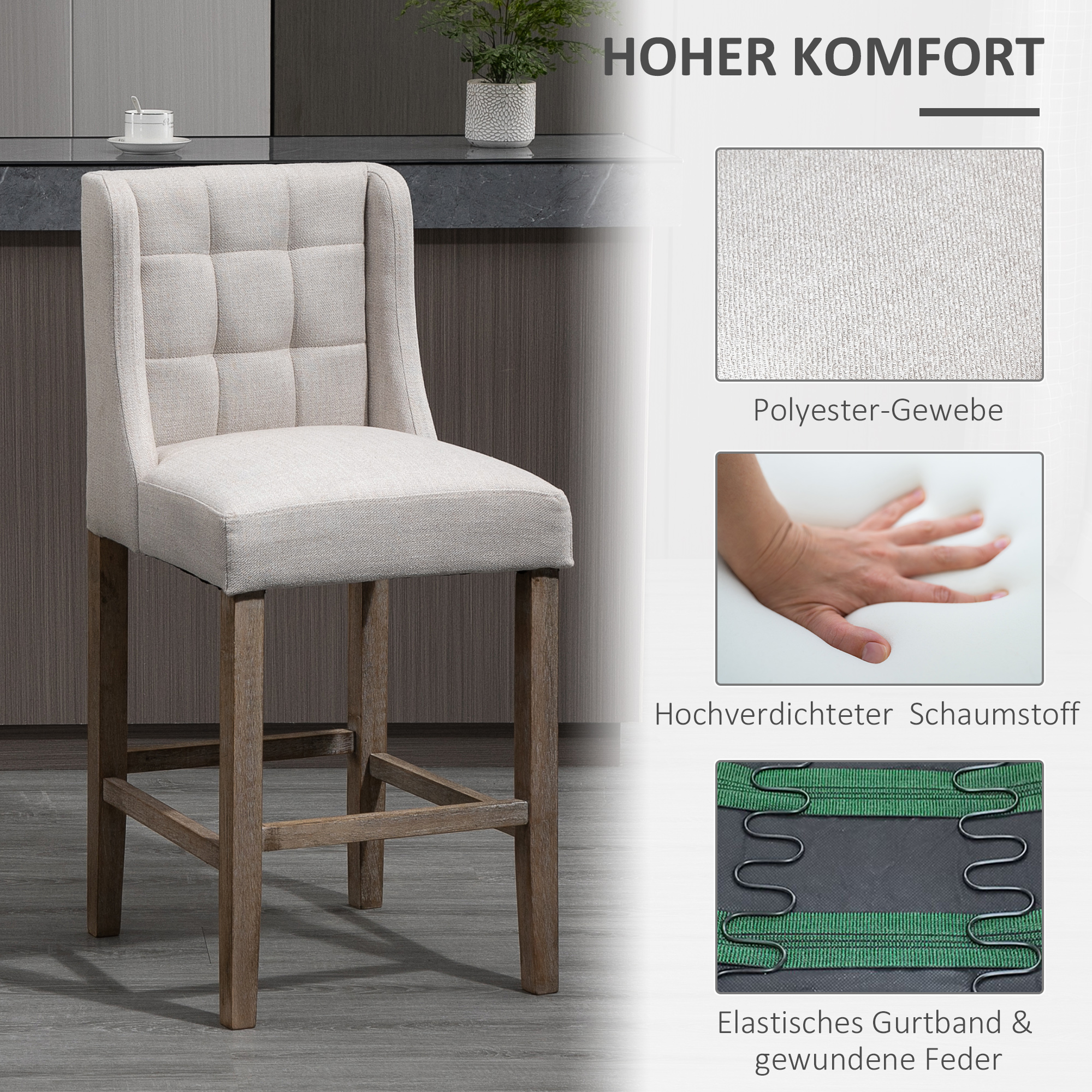 2er-Set Barhocker mit lehne Barstühle mit Knopfheftung, Massivholz, inkl, Fußstütze, 47 cm x 50 cm x 101 cm, Grau + Natur