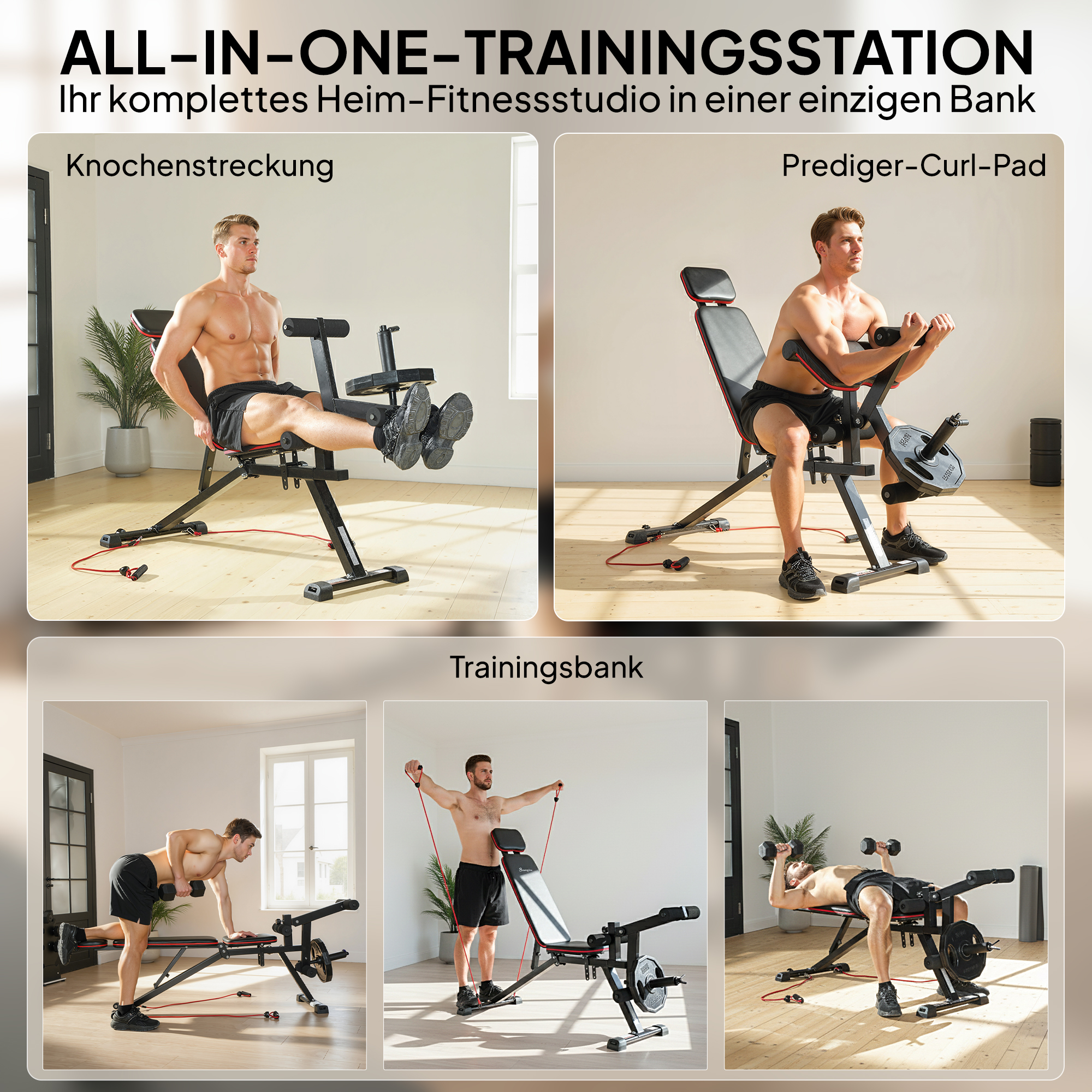 Hantelbank verstellbar bis 300 kg 3 in 1 Trainingsbank mit Rollen Beinstrecker Curlpult Kopfstütze Widerstandsbändern
