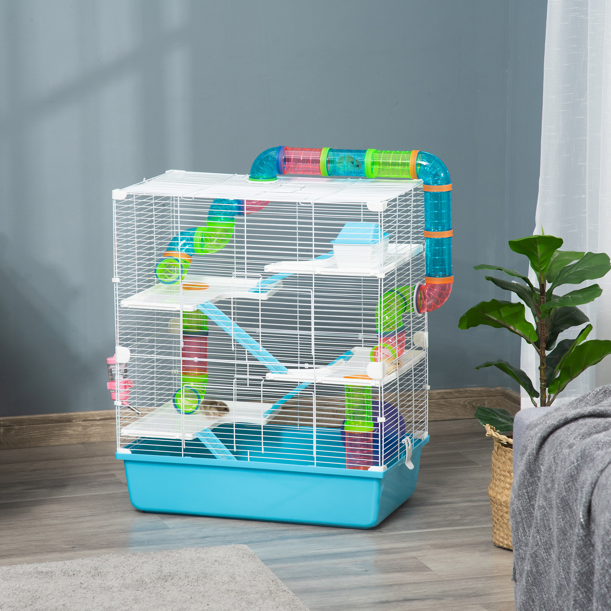 Hamsterkäfig 5 Etagen Nagerkäfig Kleintierkäfig aus Stahldraht mit Laufrad, Rampe, Trinkflasche, Futternapf, Mäusekäfig für Hamster, Rennmaus 59 x 36 x 69 cm, Hellblau+Weiß