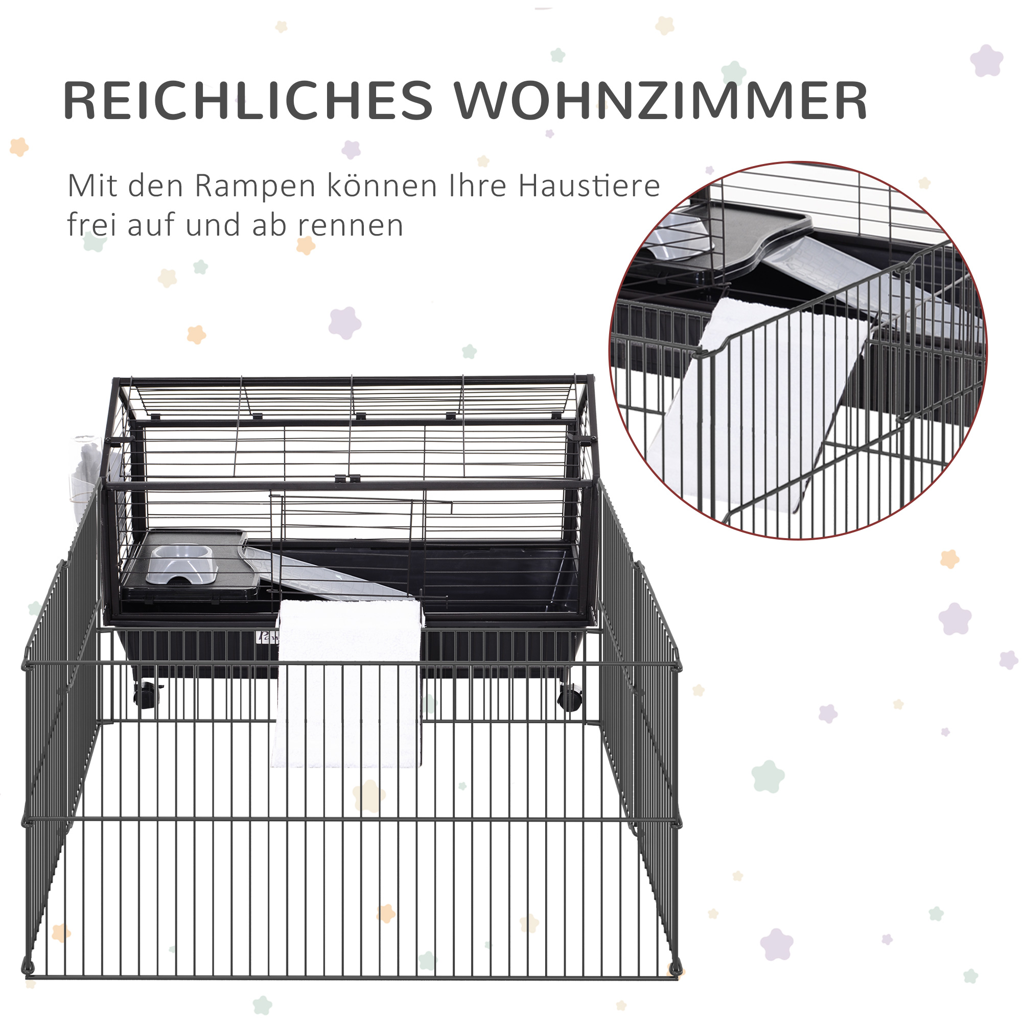 Kleintierkäfig mit Freigehege inkl, Zubehör 88 cm x 128,5 cm x 56 cm  4 Rollen Schwarz Metall Polypropylen