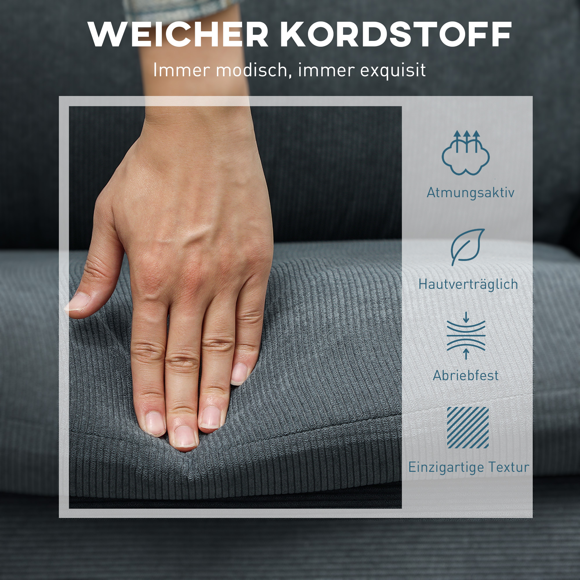 Ecksofa, 3-Sitzer-Sofa mit Fußhocker, Stoffbezug, L-förmiges Couch-Set, Dunkelgrau