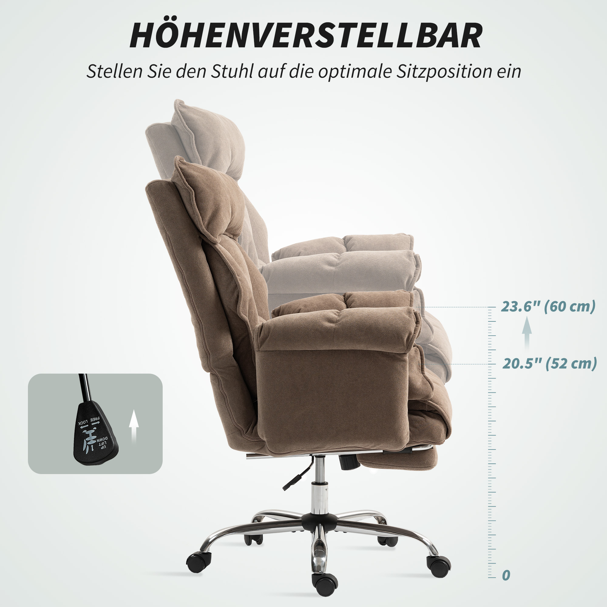 ergonomischer Bürostuhl, neigbare Rückenlehne, Fußstütze, weicher Stoff, Hellbraun