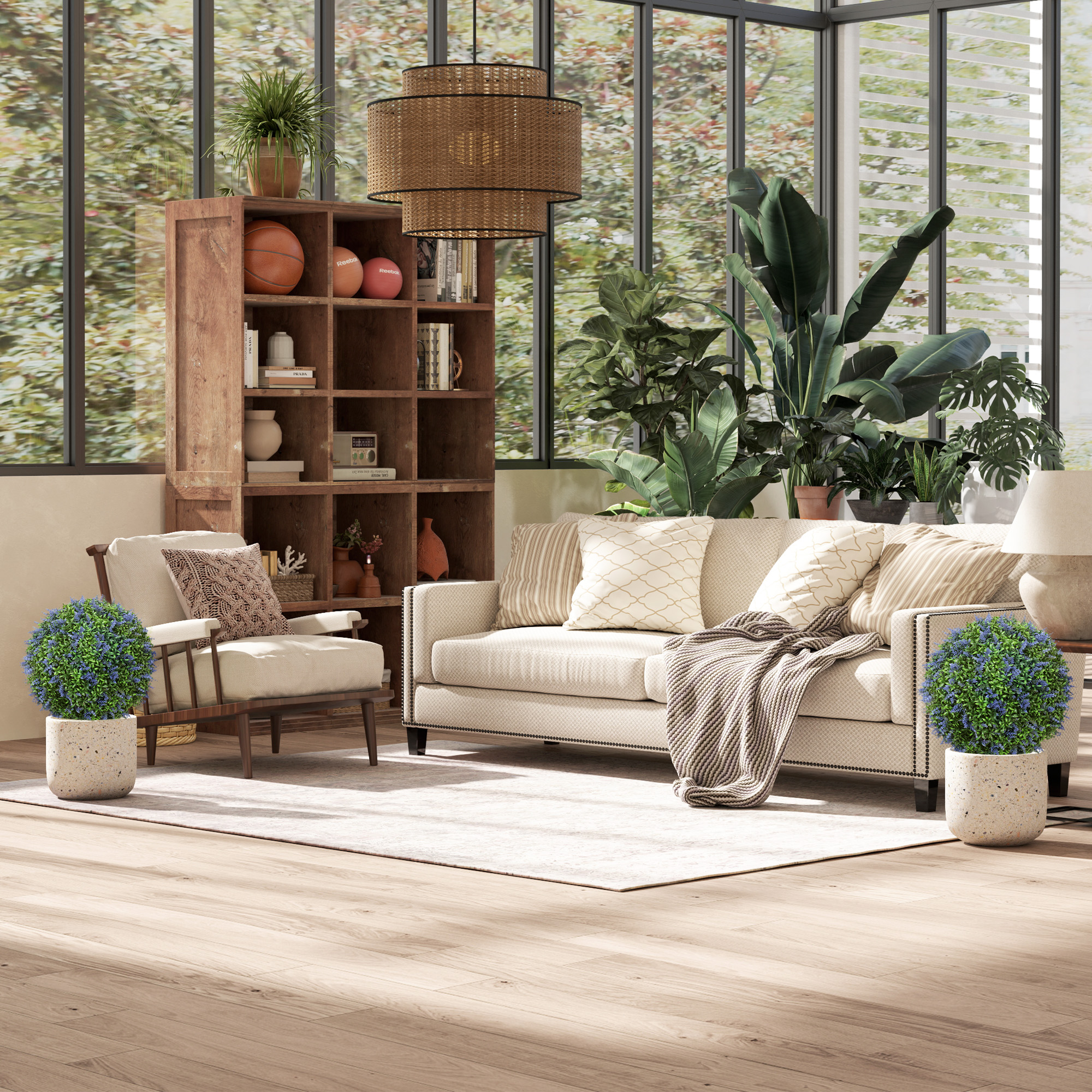 2-teiliges Kunstbaum-Set, Künstliche Lavendelbäume, Erdspieße, UV-beständig