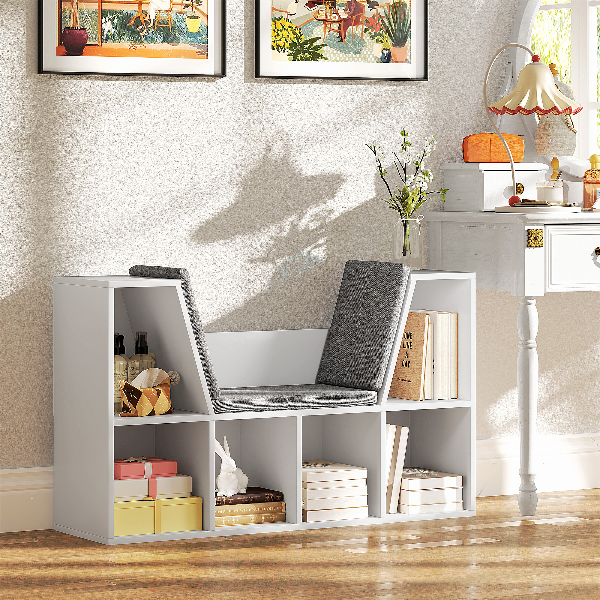 Bücherregal mit Sitzfläche, 6 Fächer, gepolstert, 105 x 30 x 63 cm, Weiß