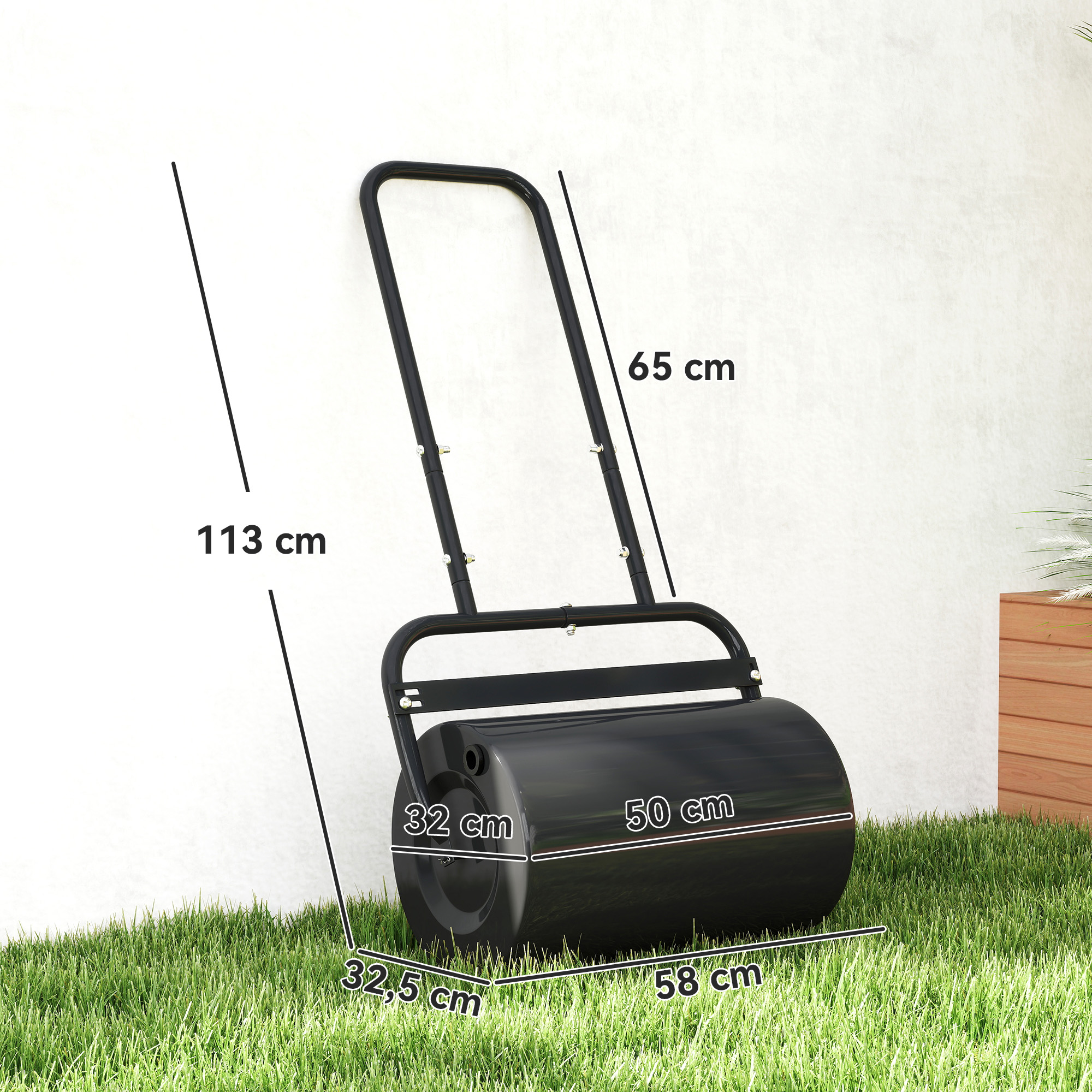 Outsunny Rasenwalze mit U-Griff, Gartenwalze, Gartenrolle, 32 cm Durchmesser, 38 L Wasser-/62 kg Sand, Metall, Schwarz, 58 x 32,5 x 113 cm