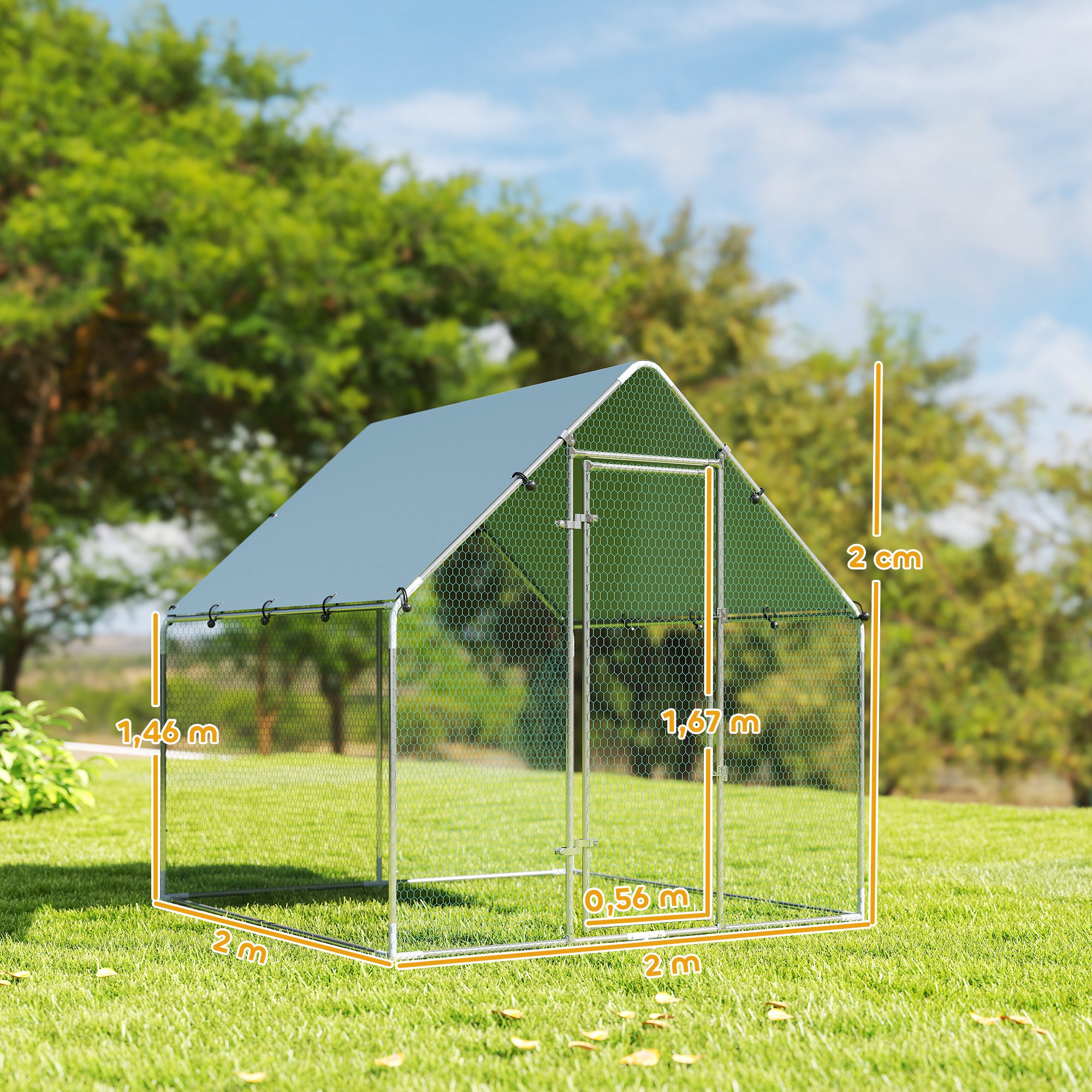 Freilaufgehege Verzinkter Stahl Hühnerstall mit wetterfester UV-Dachabdeckung abschließbarer Tür 2x2x2 m Silber