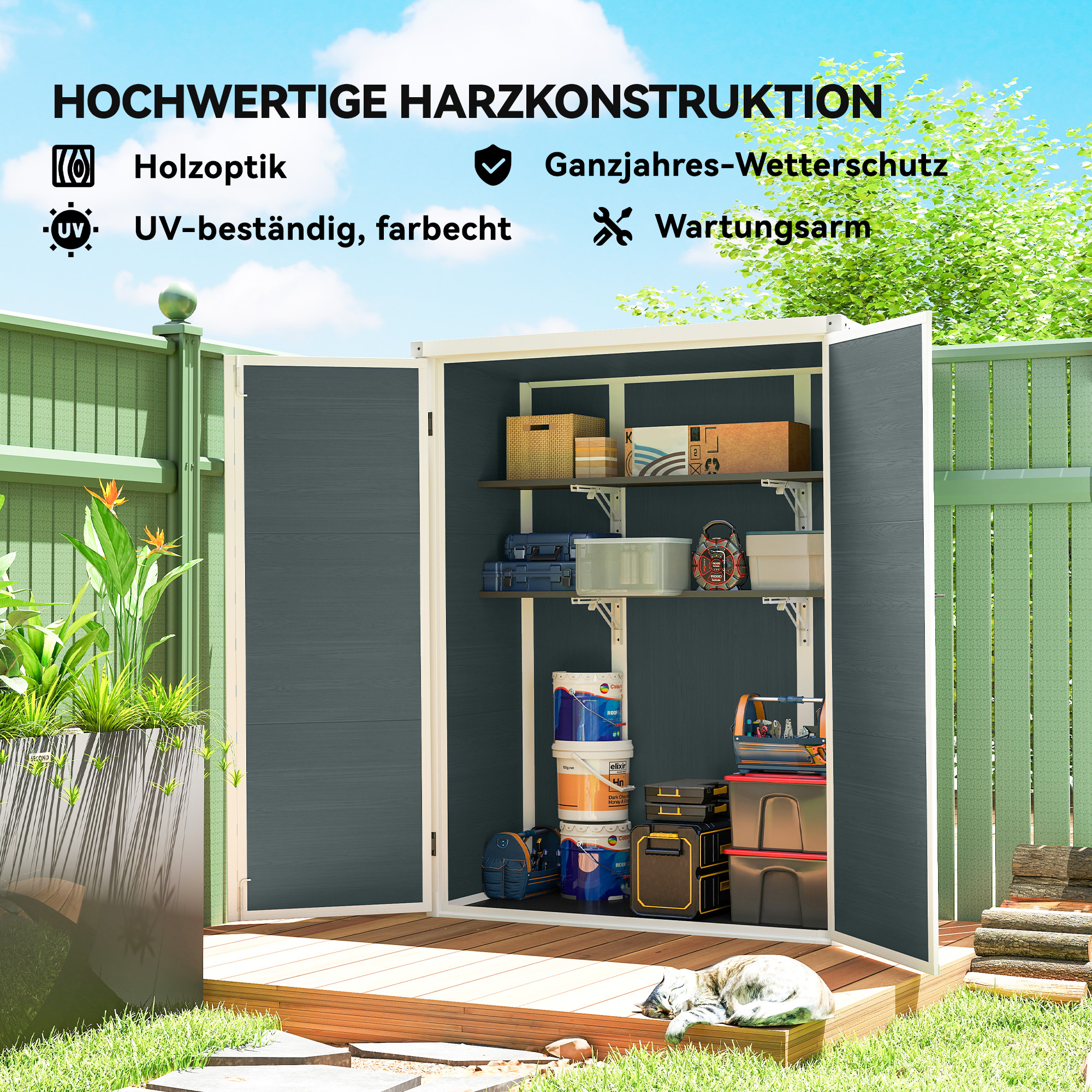 Gerätehaus 0,8m², Geräteschuppen mit klappbar Regale, 134 x 68,5 x 170 cm Kunststoff  mit Abschließbar Doppeltür Boden