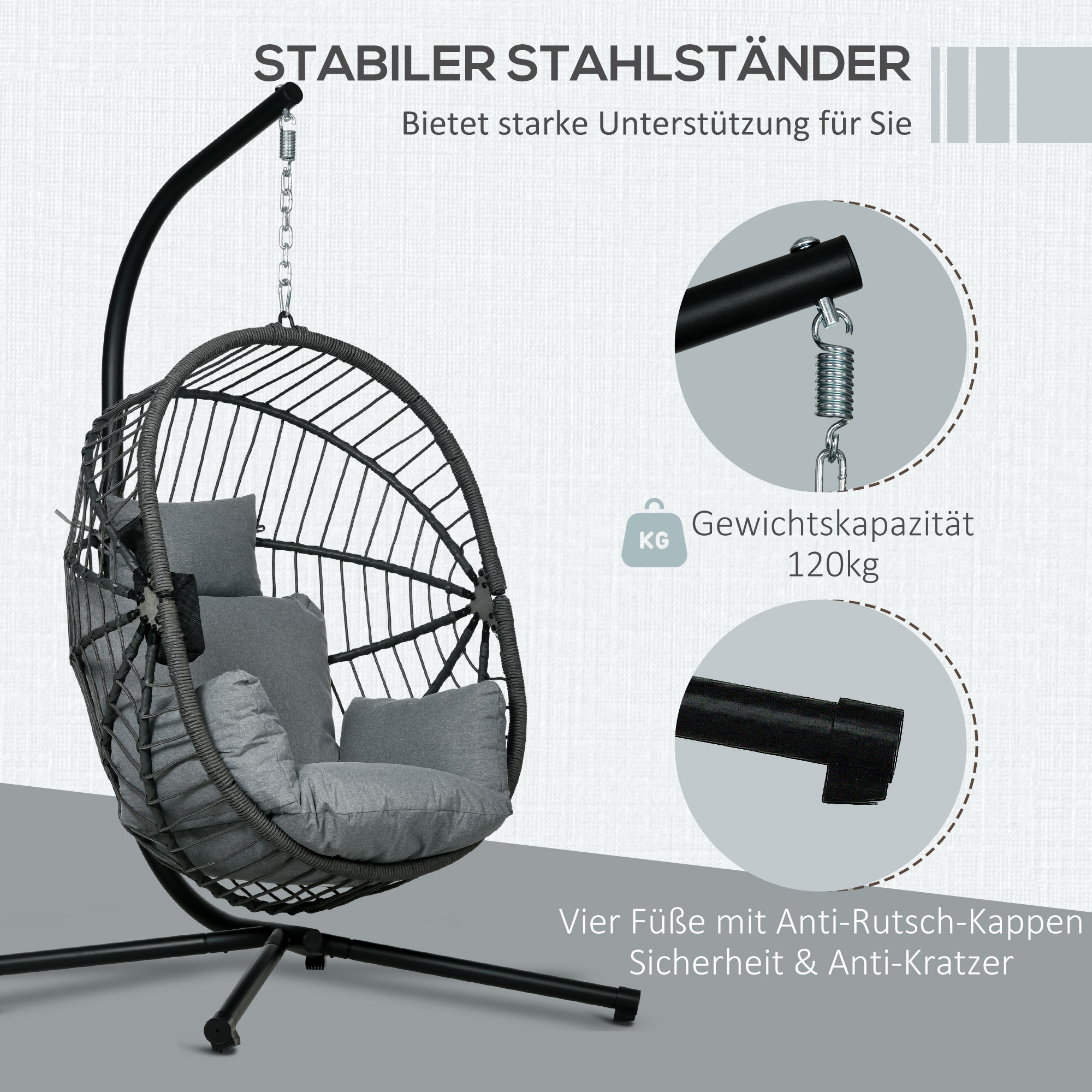 Outdoor Hängesessel Hängesessel, inkl. Polster, Egg-Chair, 120 cm x 106 cm x 188 cm,  Grau