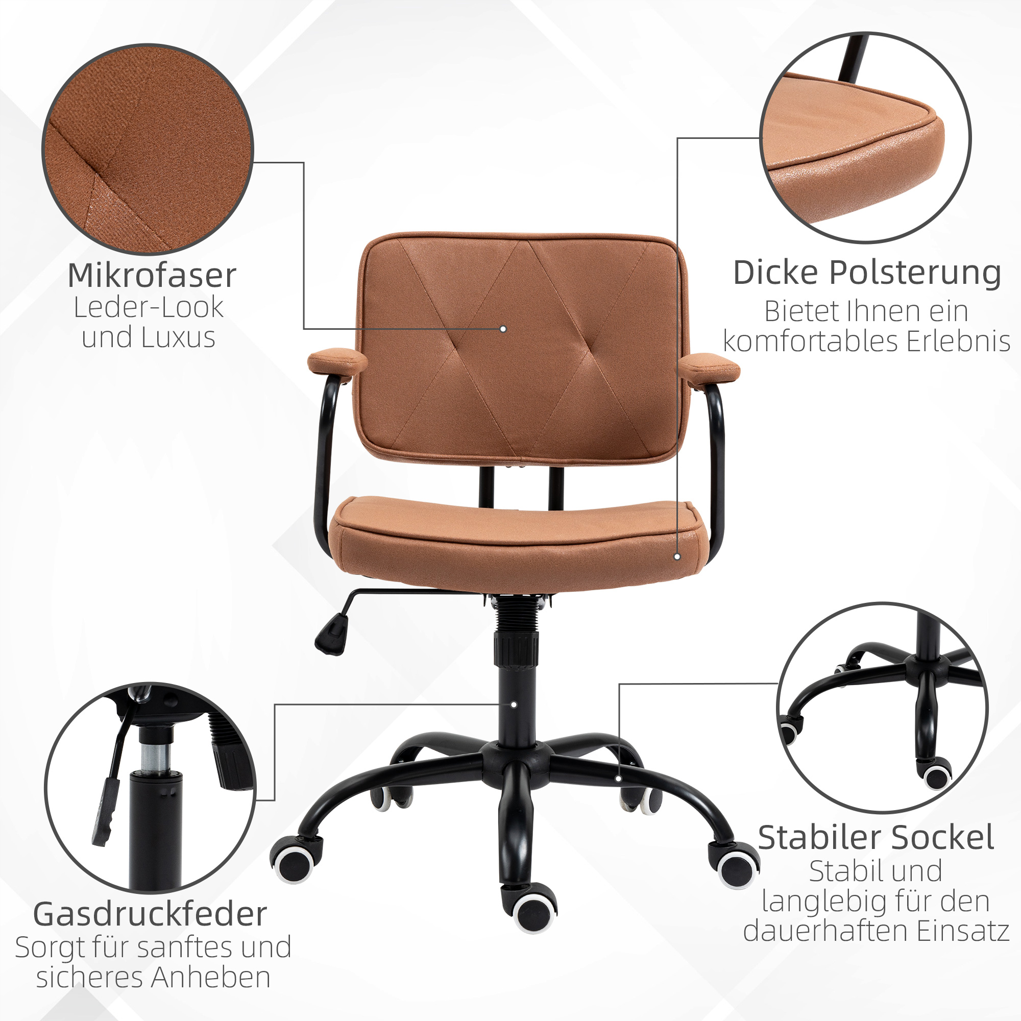 Bürostuhl mit Rollen Drehstuhl Schreibtischstuhl für Büro höhenverstellbar mit Wippfunktion 360°-Drehung neigbar Schaumstoff Braun 61 x 58 x 82-91 cm