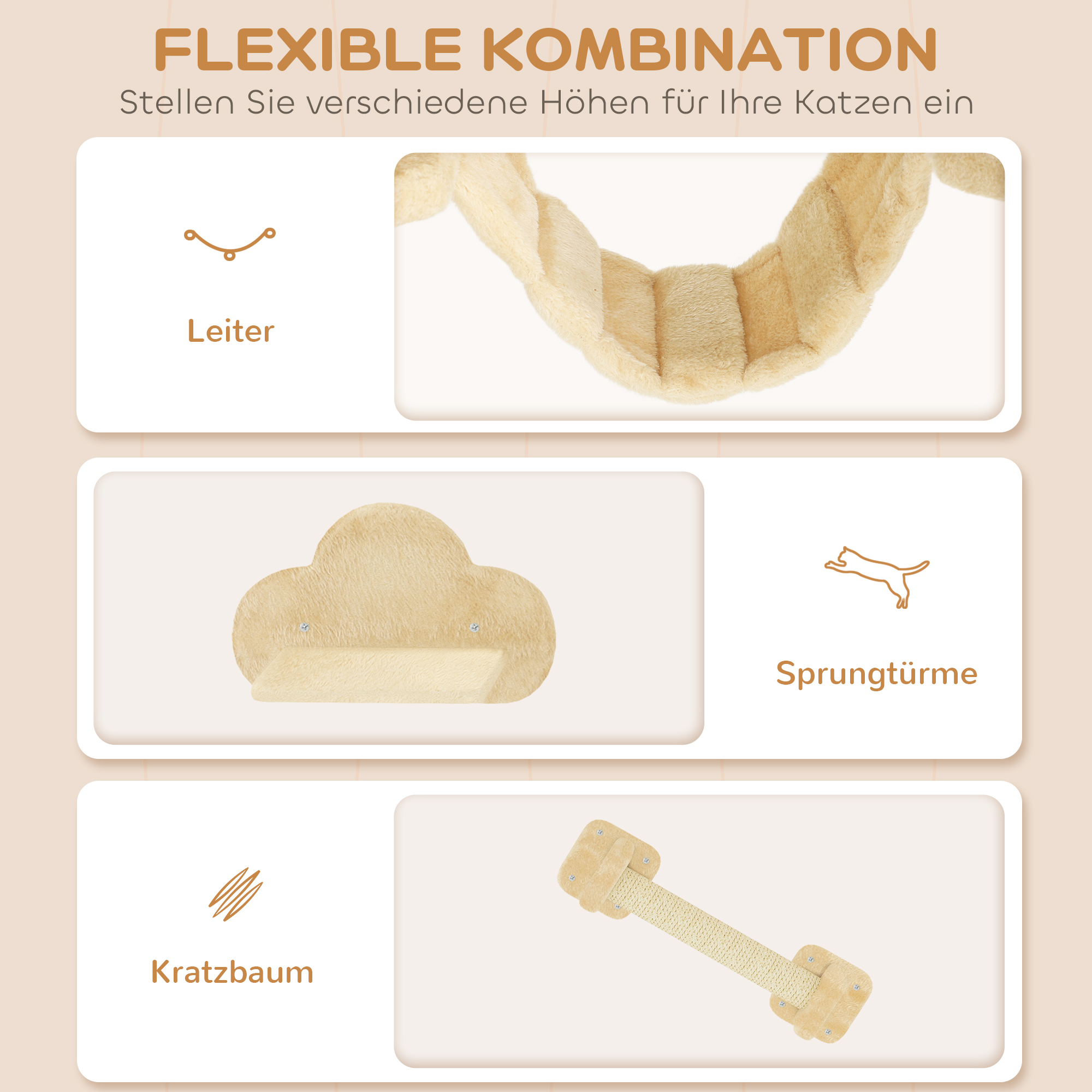 5-teiliges Katzen-Kletterset mit Kratzpfosten, Sprungplattformen, Leiter, Haus, Wandmontage, Beige