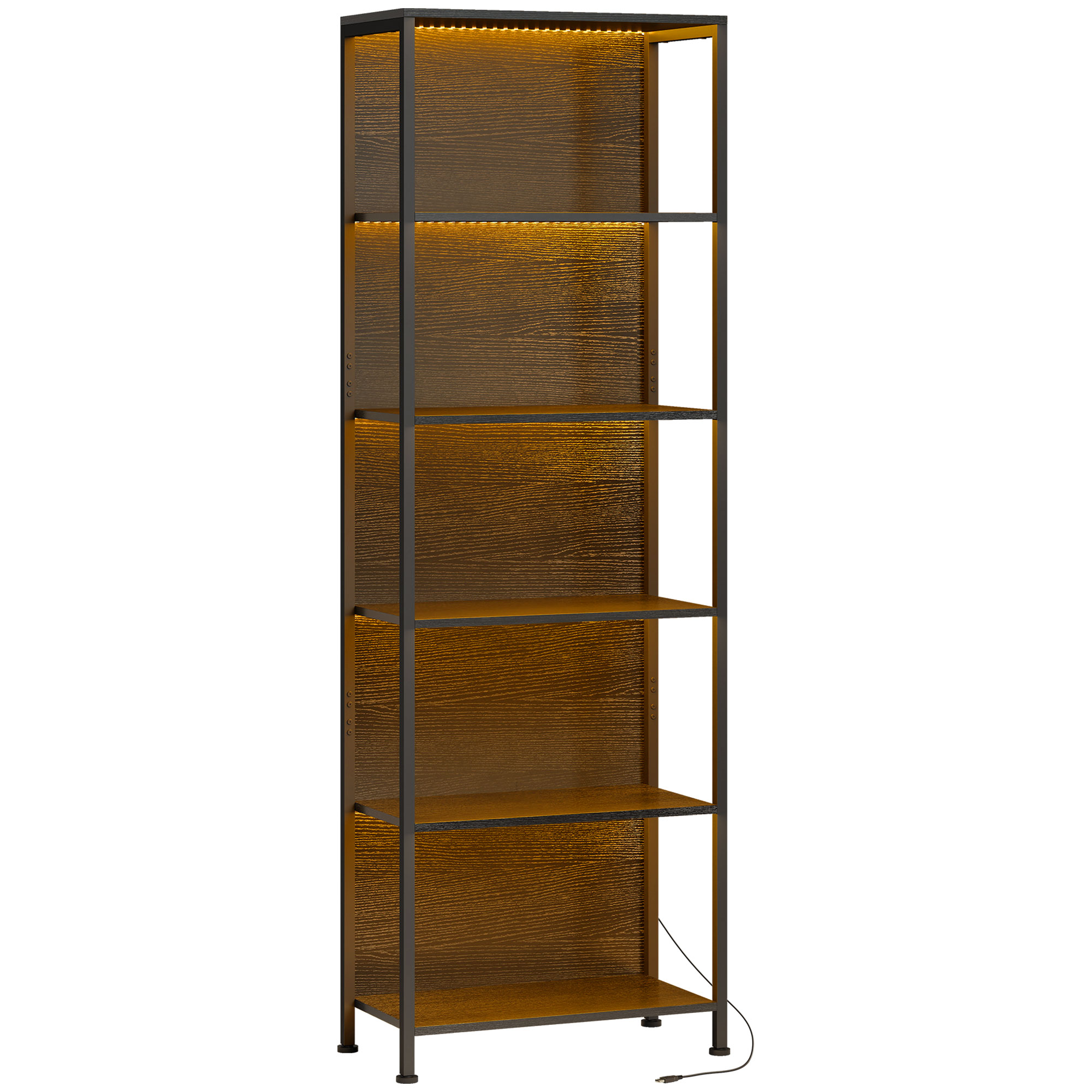 Bücherregal mit 5 Ebenen Standregal mit LED-Beleuchtung, 7 Lichtfarben, für Wohnzimmer, 60 x 30 x 179 cm Schwarz