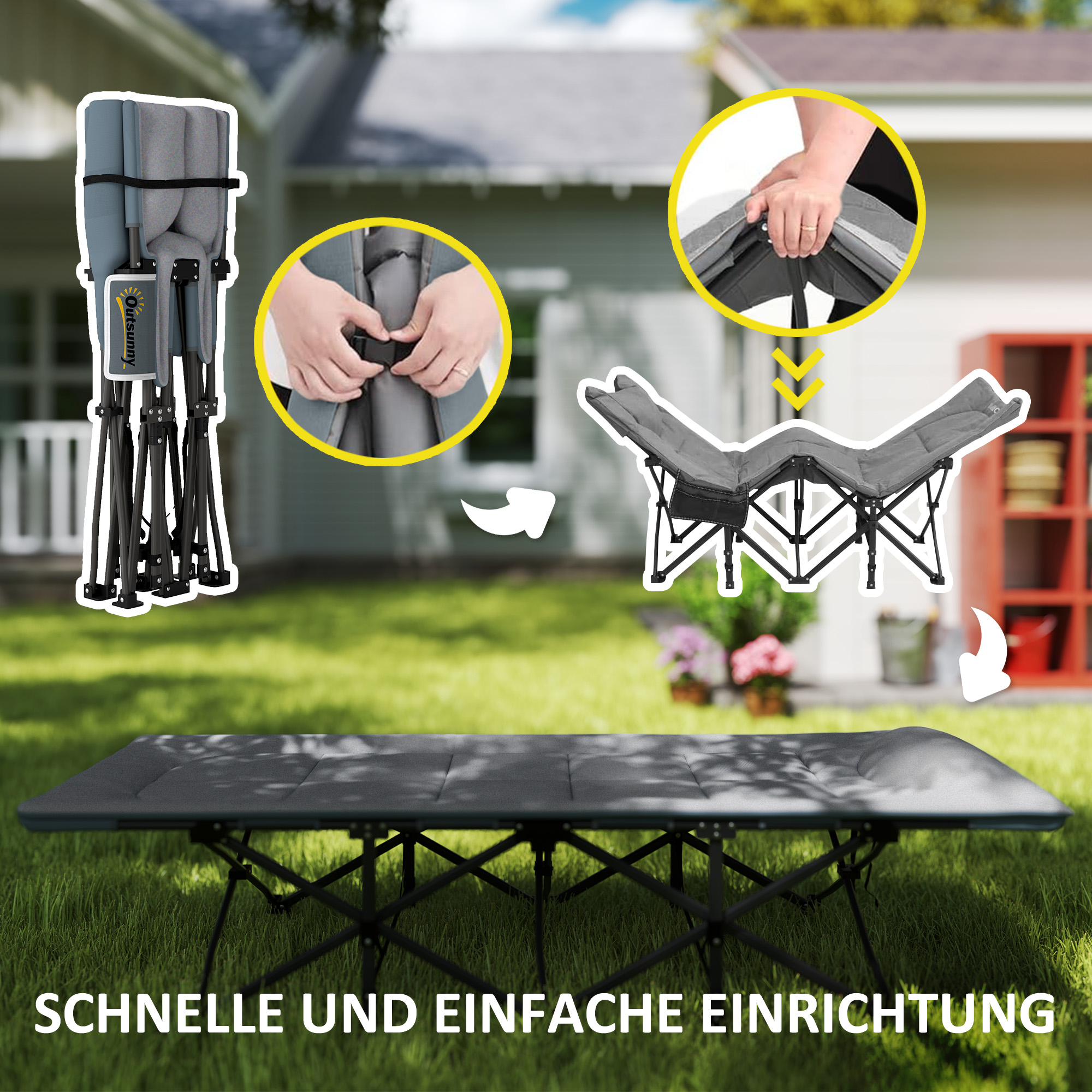Feldbett faltbar Campingbett mit Matratze Kopfkissen Seitentasche 187 x 67 x 37 cm Gästebett bis 150 kg Grau