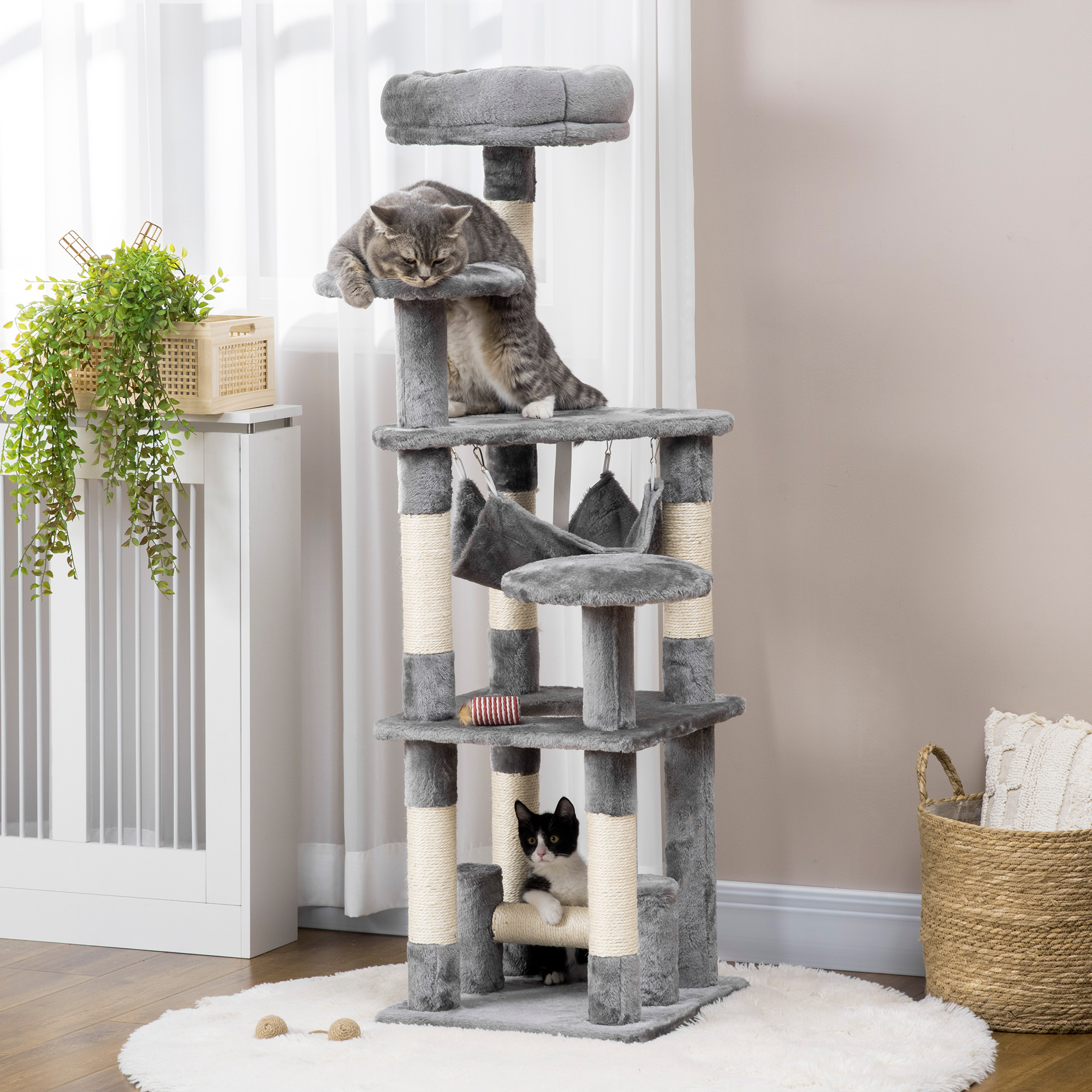 Katzenbaum Katzenkratzbaum Katzenspielturm Katzen Kletterbaum Kratzbaum Hängematte Grau L40 x B40 x H132 cm