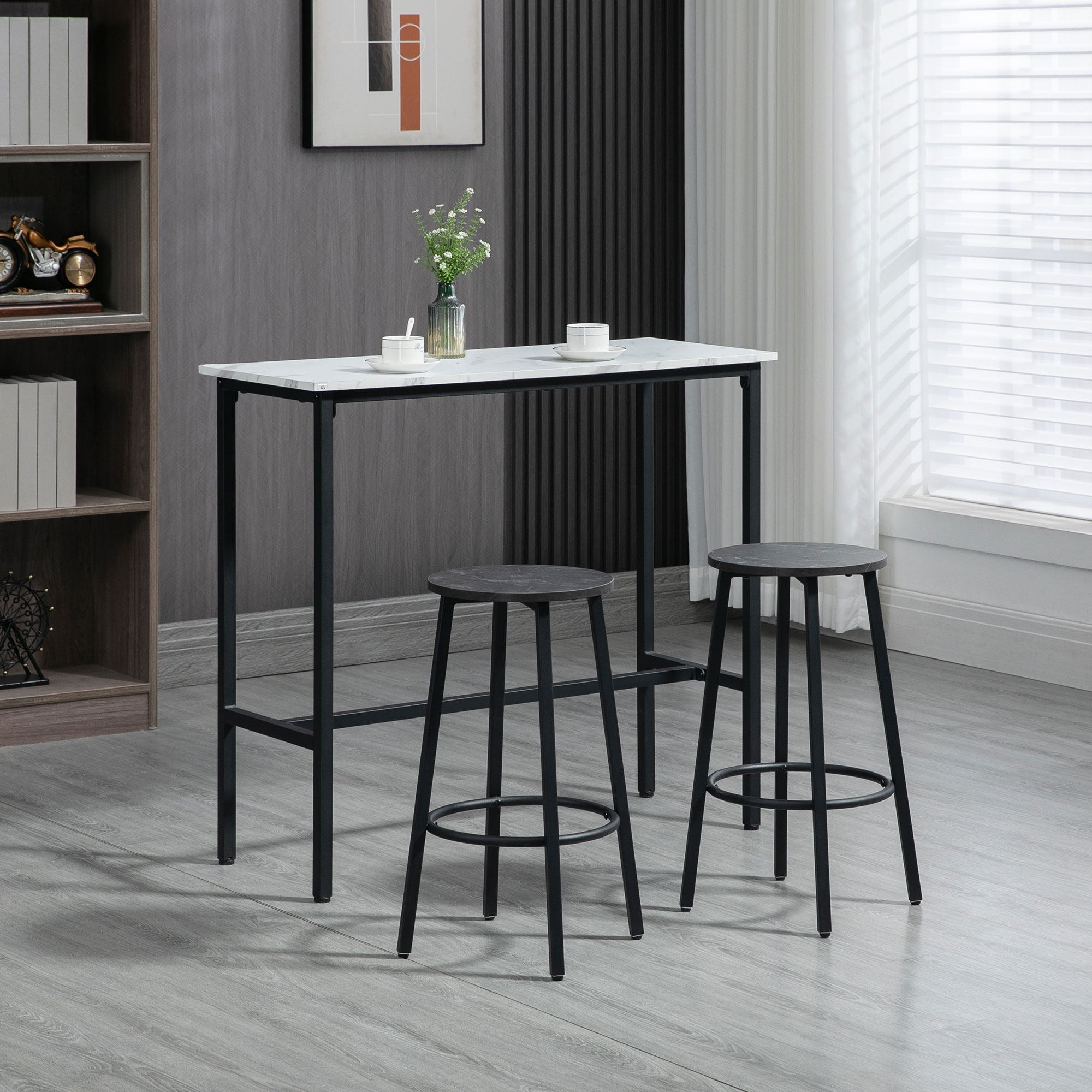 Bar-Set für 2 Personen, 1 Tisch mit 2 Barhockern, Tischplatte in weißer Marmoroptik, Stahlrahmen