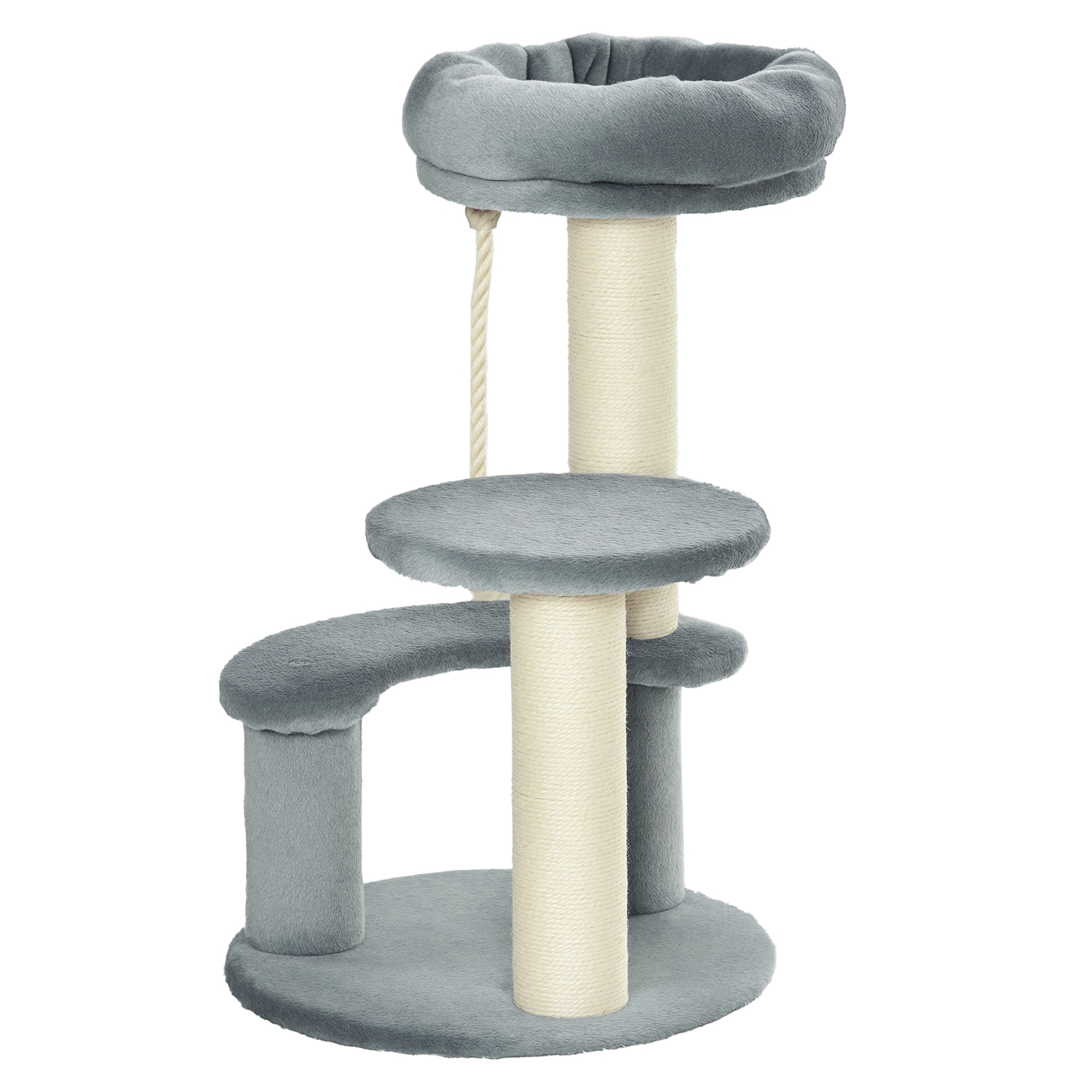 Katzenbaum Kletterbaum mit Hängematte, 3-Stufiger Spielbaum mit Katzenbett Katzenkratzbaum mit Sitzplattform, Sisalsäulen, Grau Ø40 x H65 cm