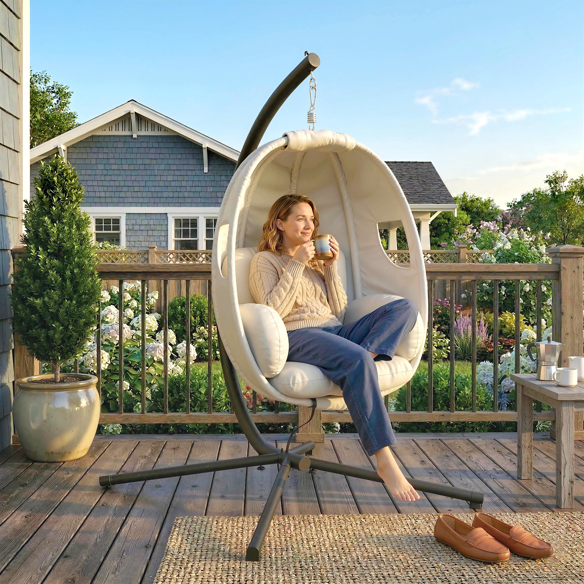 Hängesessel mit Gestell, faltbar Hängekorb mit dick Sitzpolstern verstellbarer Höhe Sicherheitsgurt bis 120 kg