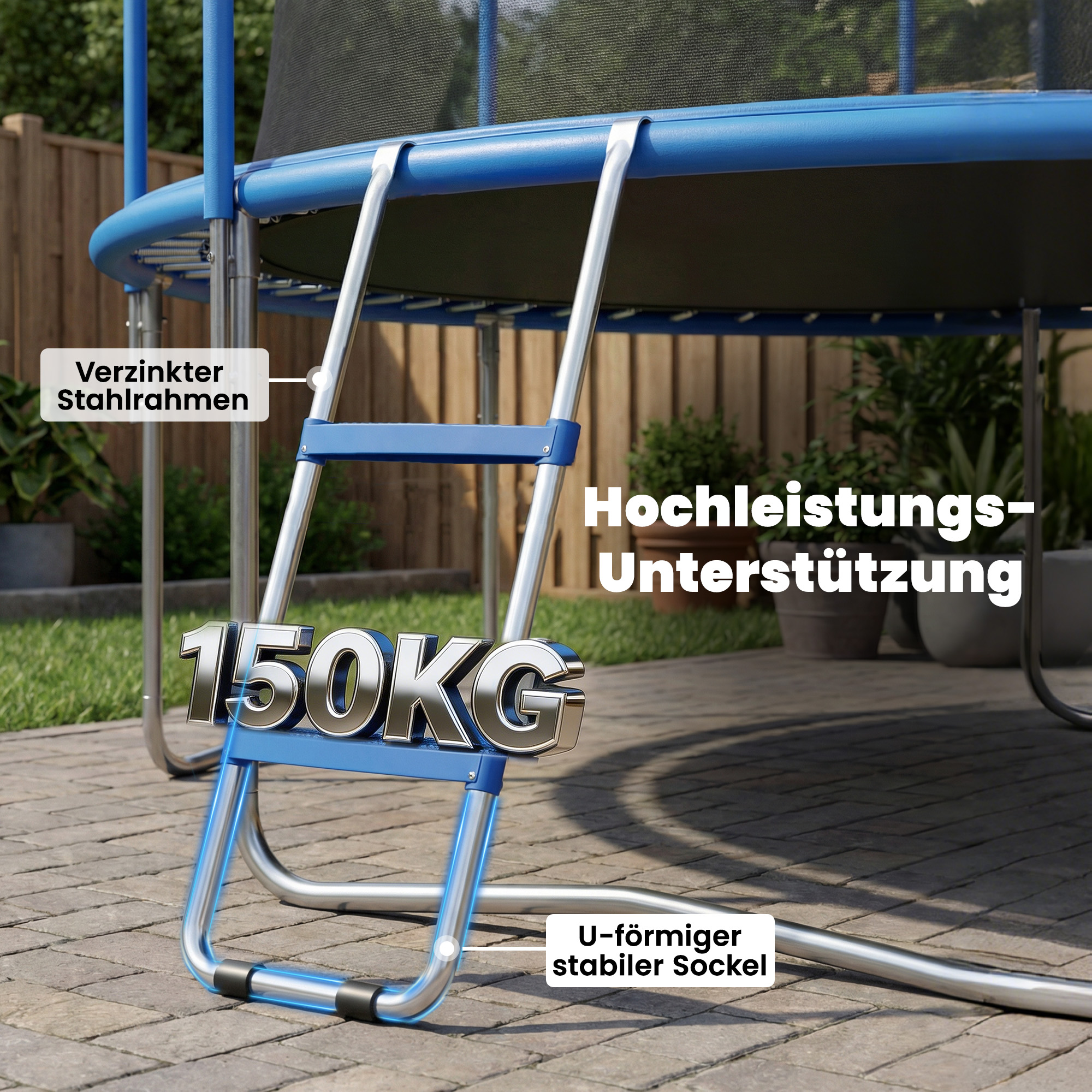 Trampolinleiter 32/63 cm 2 Stufen Einstiegsleiter Trampolin-Leiter bis 150 kg mit verzinktem Stahlrahmen Blau
