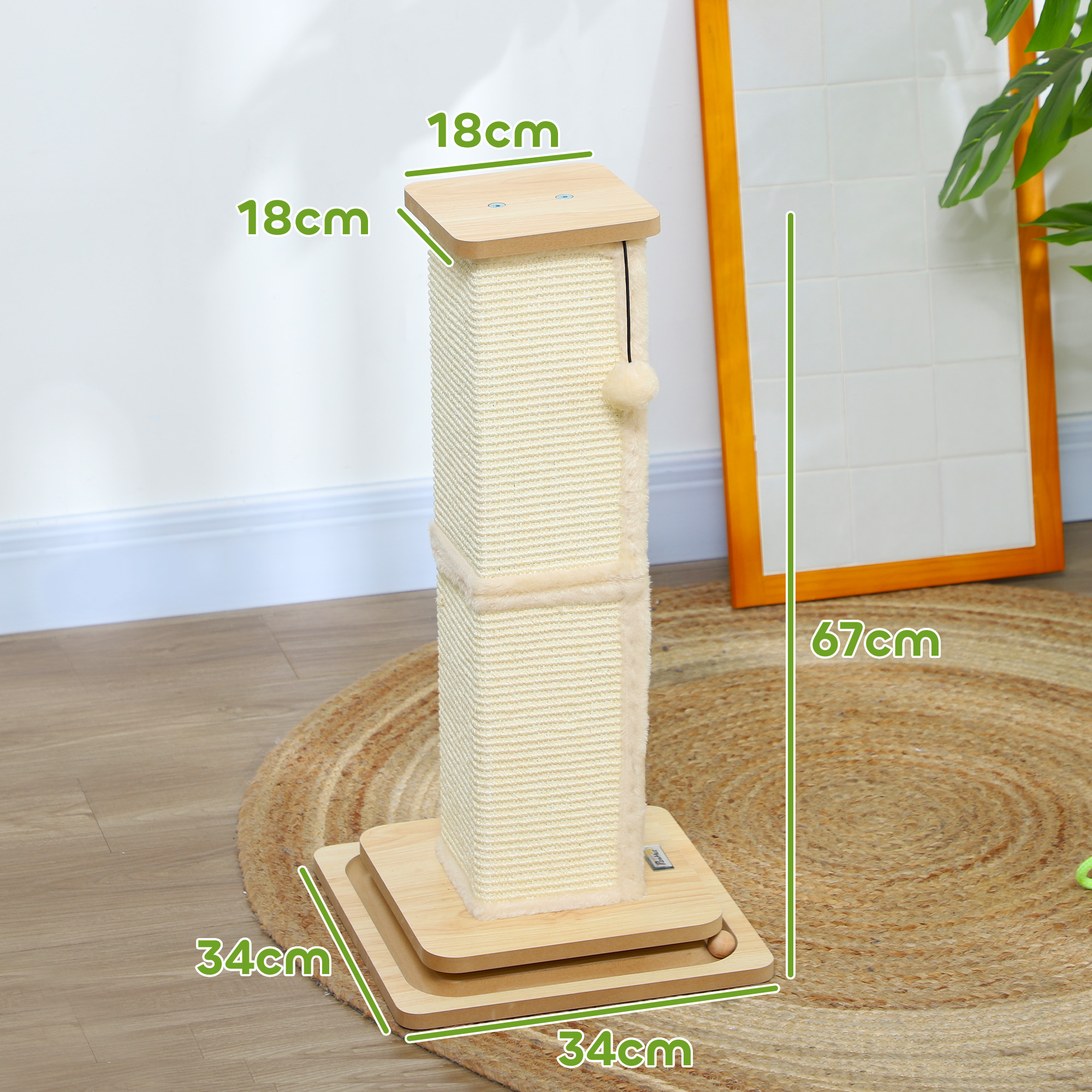 3-in-1-Kratzbaum mit Spielschiene, Spielball, Sisal, bis 5 kg, 34 x 34 x 67 cm, Eiche/Creme