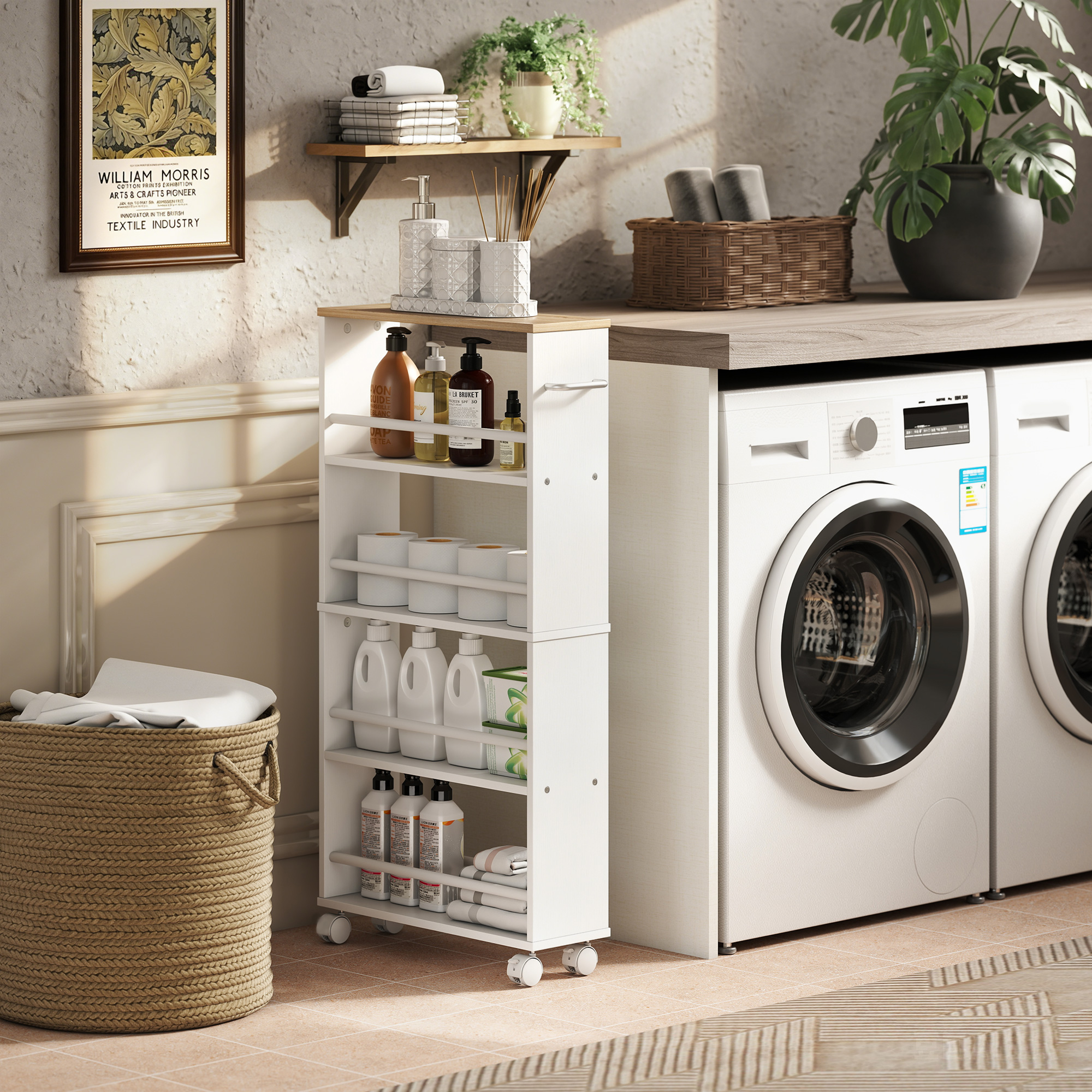 Multifunktionsregal mit Rollen, schmale Bauweise, 4 Fächer, 45x15x91 cm, Natur