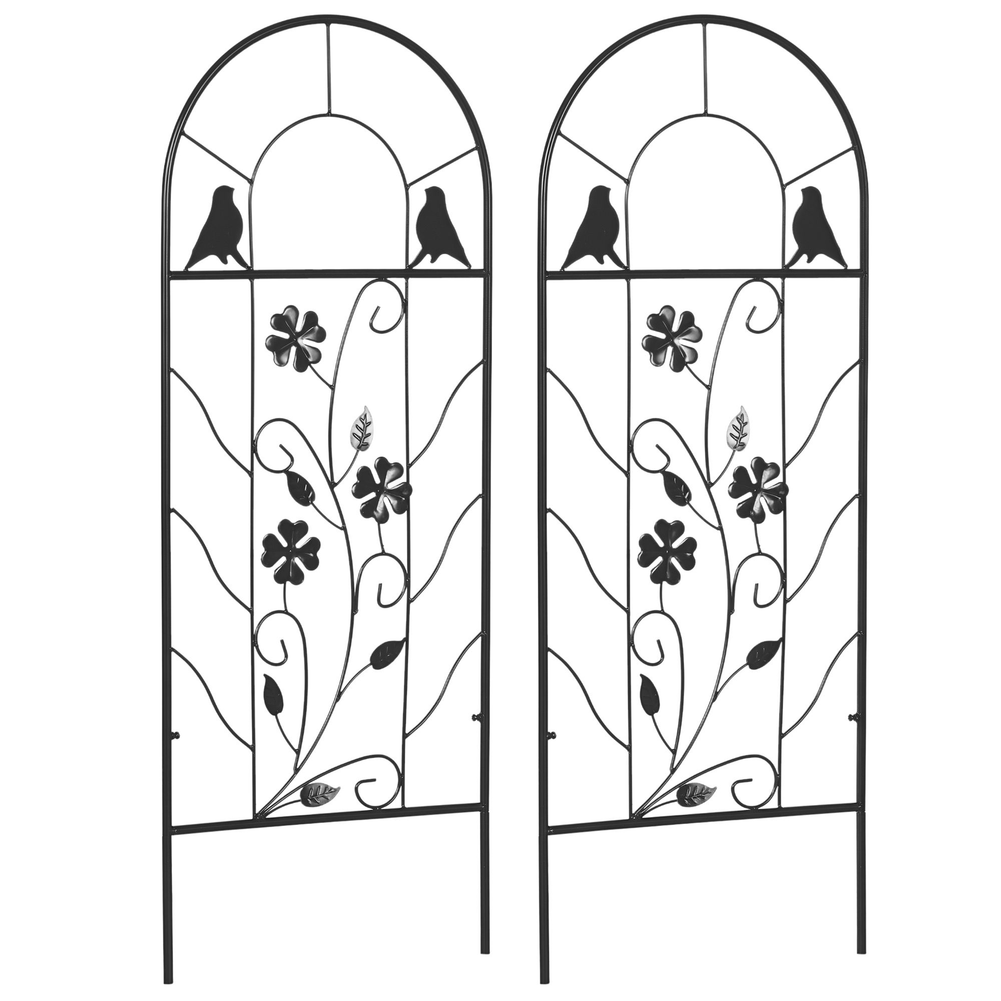 2er-Set Metallspalier, mit Vogel- und Kleeverzierung, für Garten & Terrasse, schwarz, 38 x 98 cm