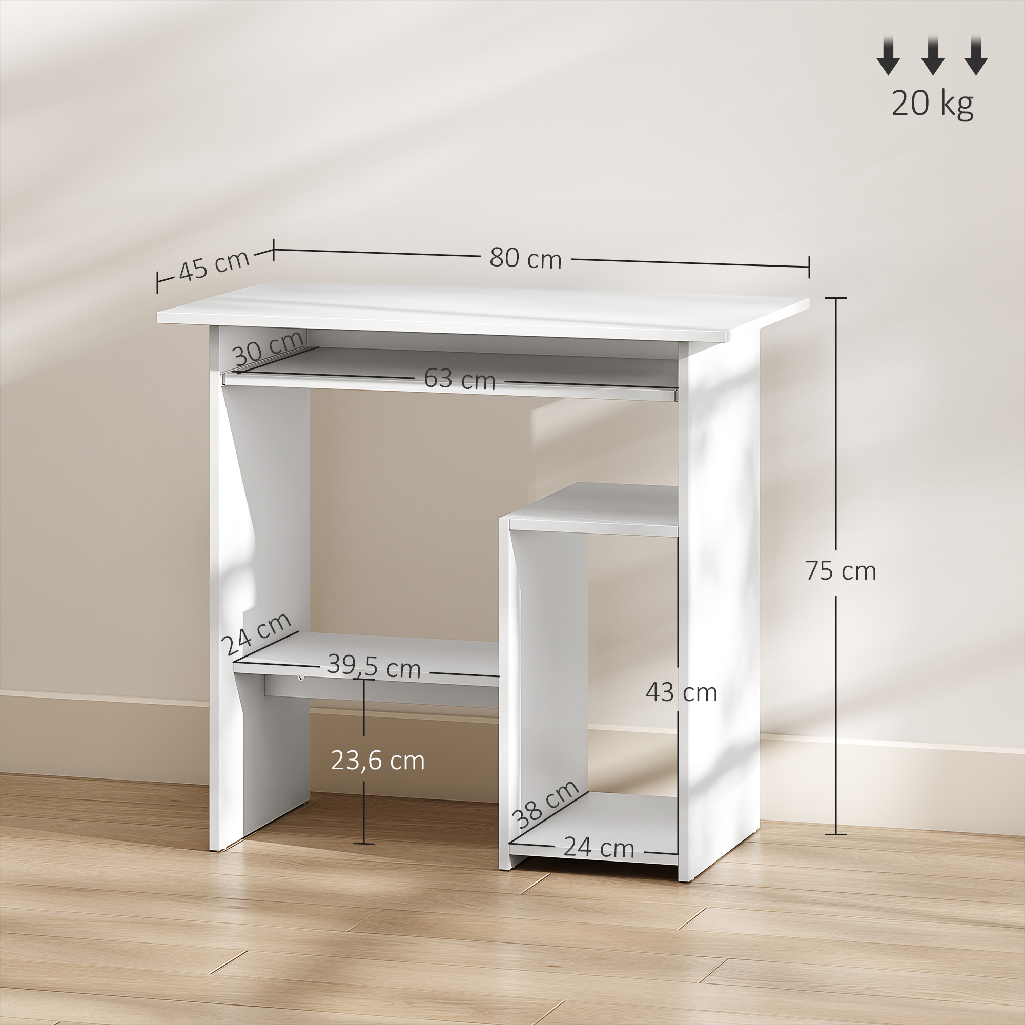 Computertisch, Schreibtisch, Spanplatte, Metall, 80 x 45 x 75 cm, Weiß