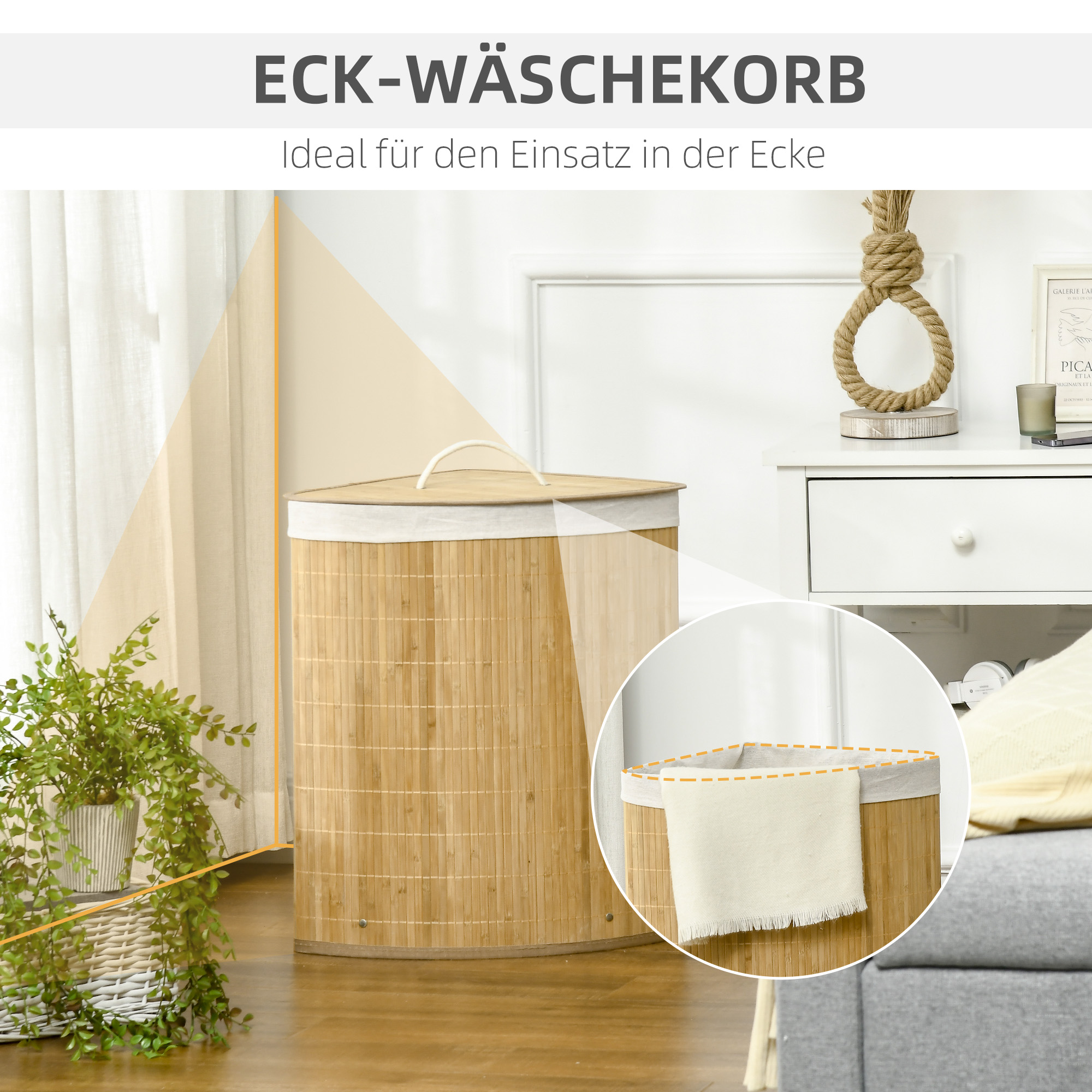 55 L Wäschekorb mit Deckel, Griff, Wäschesortierer mit herausnehmbarem Wäschesack für Badezimmer, Bambus, Natur