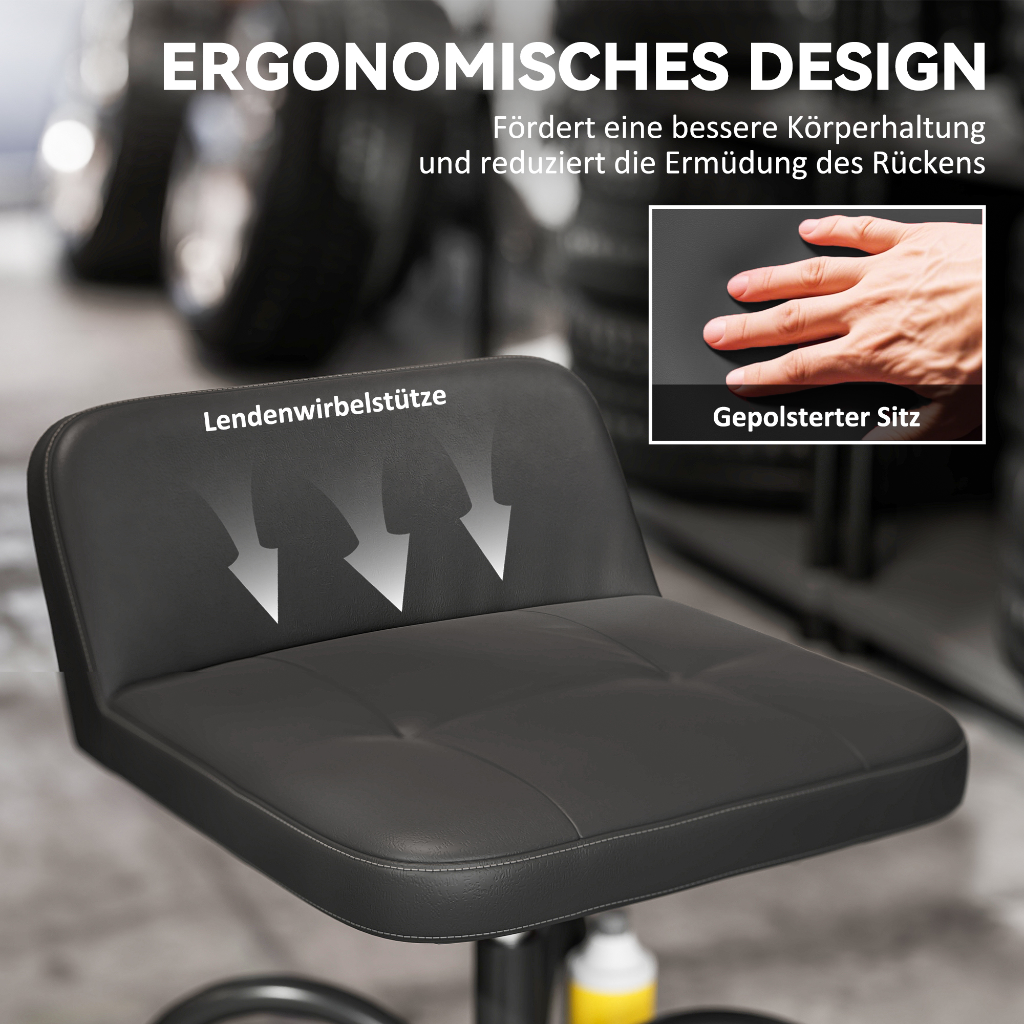 Werkstatthocker mit Rollen Ablagefläche, 58,5 cm hoch Rollhocker bis 135 kg belastbar Schwarz