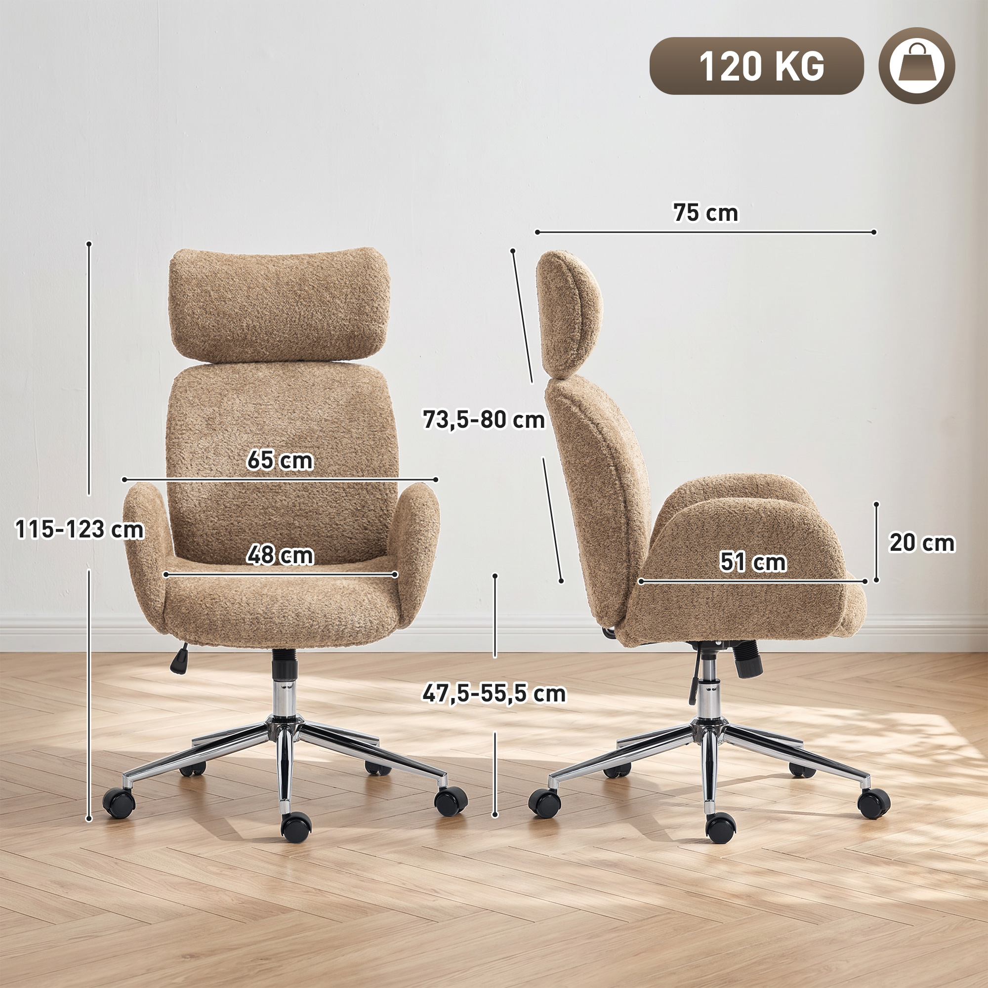 Bürostuhl mit verstellbarer Kopfstütze, ergonomischer Schreibtischstuhl, Kippfunktion, höhenverstellbar, Braun