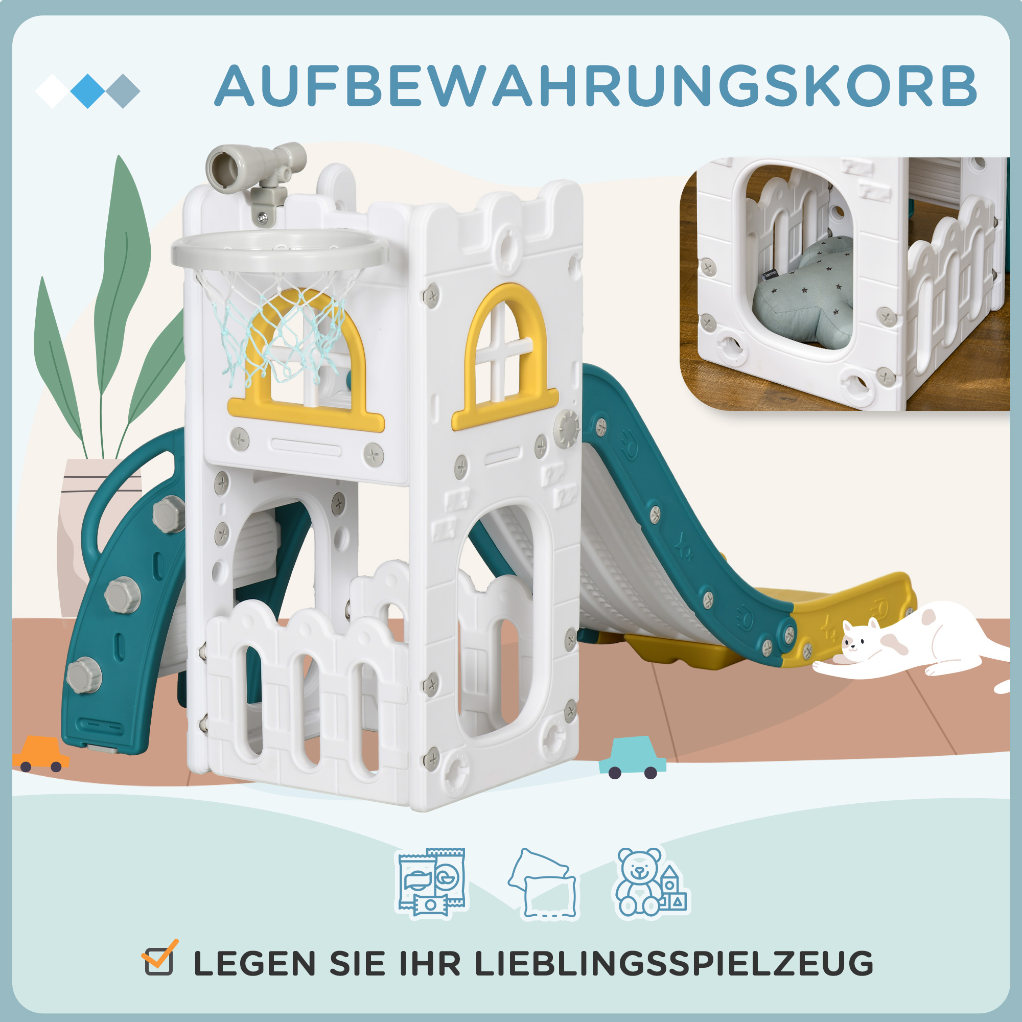 Kinderrutsche, 5 in 1, Kleinkinderrutsche mit Basketballkorb, Teleskop Klettergerüst Gelb 70 x 177 x 92 cm