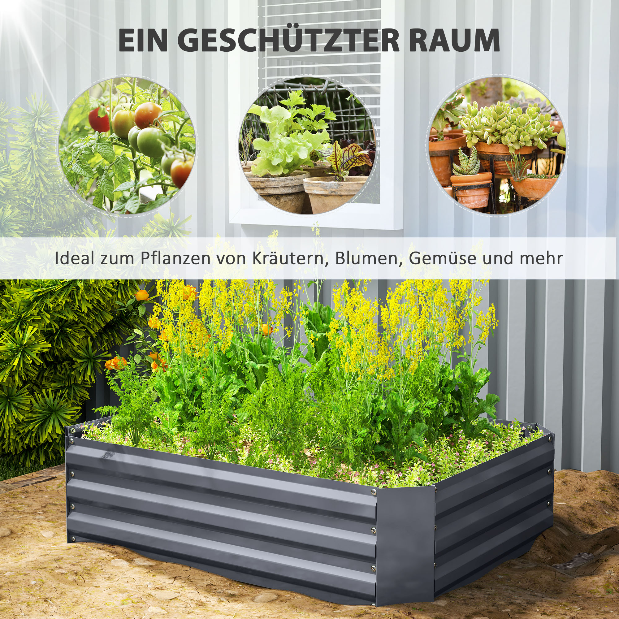 Hochbeet aus verzinktem Stahl, Gartenbeet, Pflanzkasten für Garten, Blumenkasten, 120 x 90 x 30 cm, Dunkelgrau