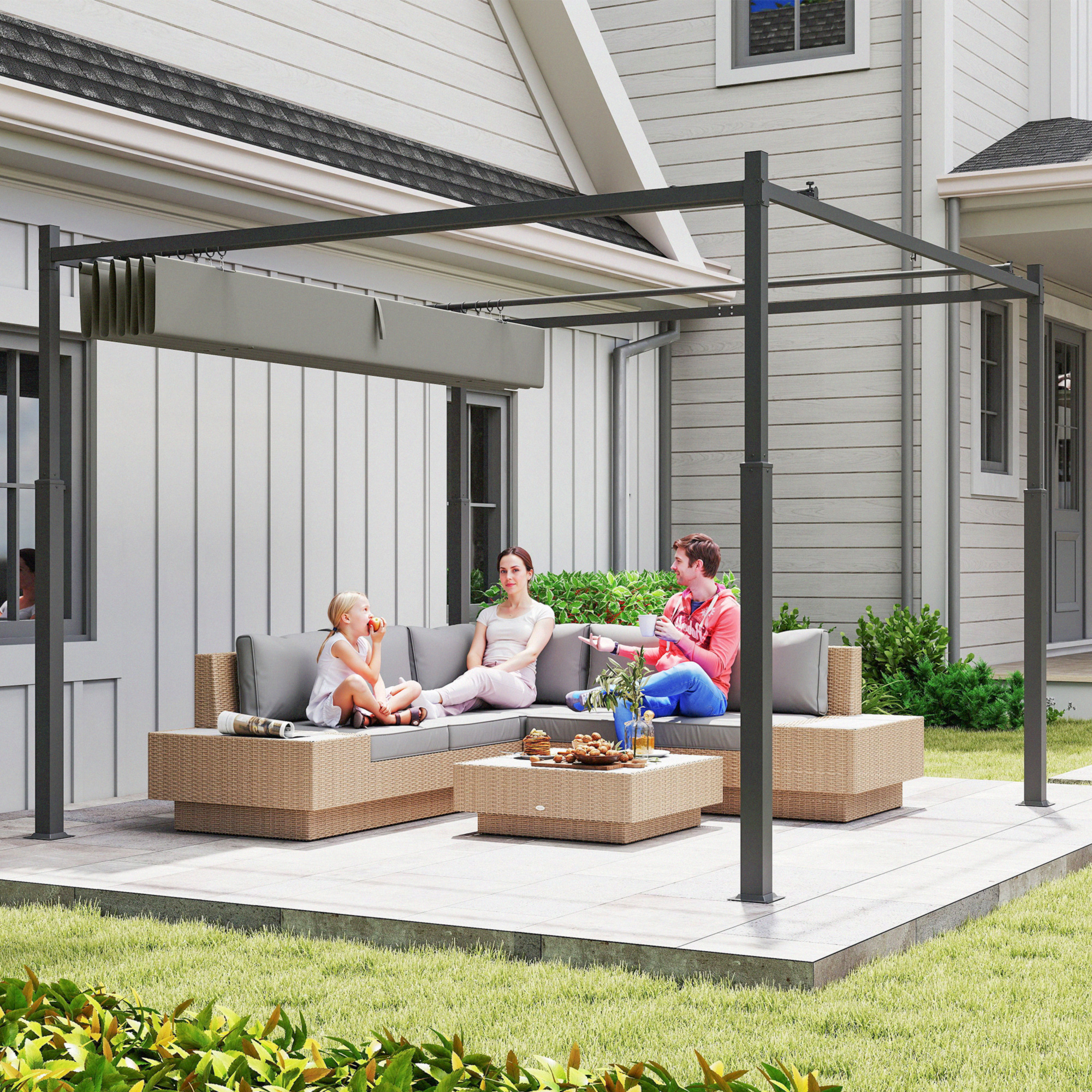 Pergola ca. 3x3 m Freistehend Terrassenüberdachung mit Schiebedach, magnetisches Pad, 8 cm Säule UV-beständig