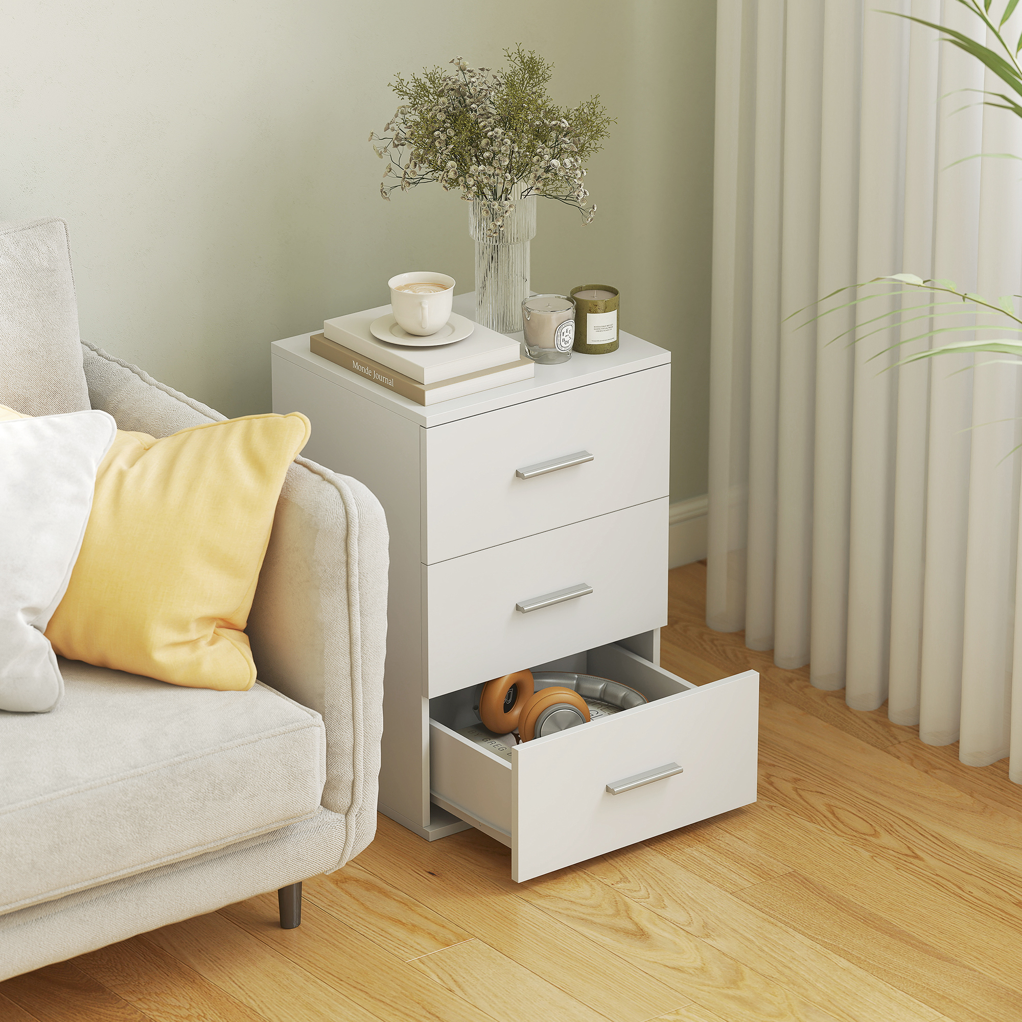 Nachttisch mit 3 Schubladen, Beistell-Kommode für Schlafzimmer, MDF, Weiß