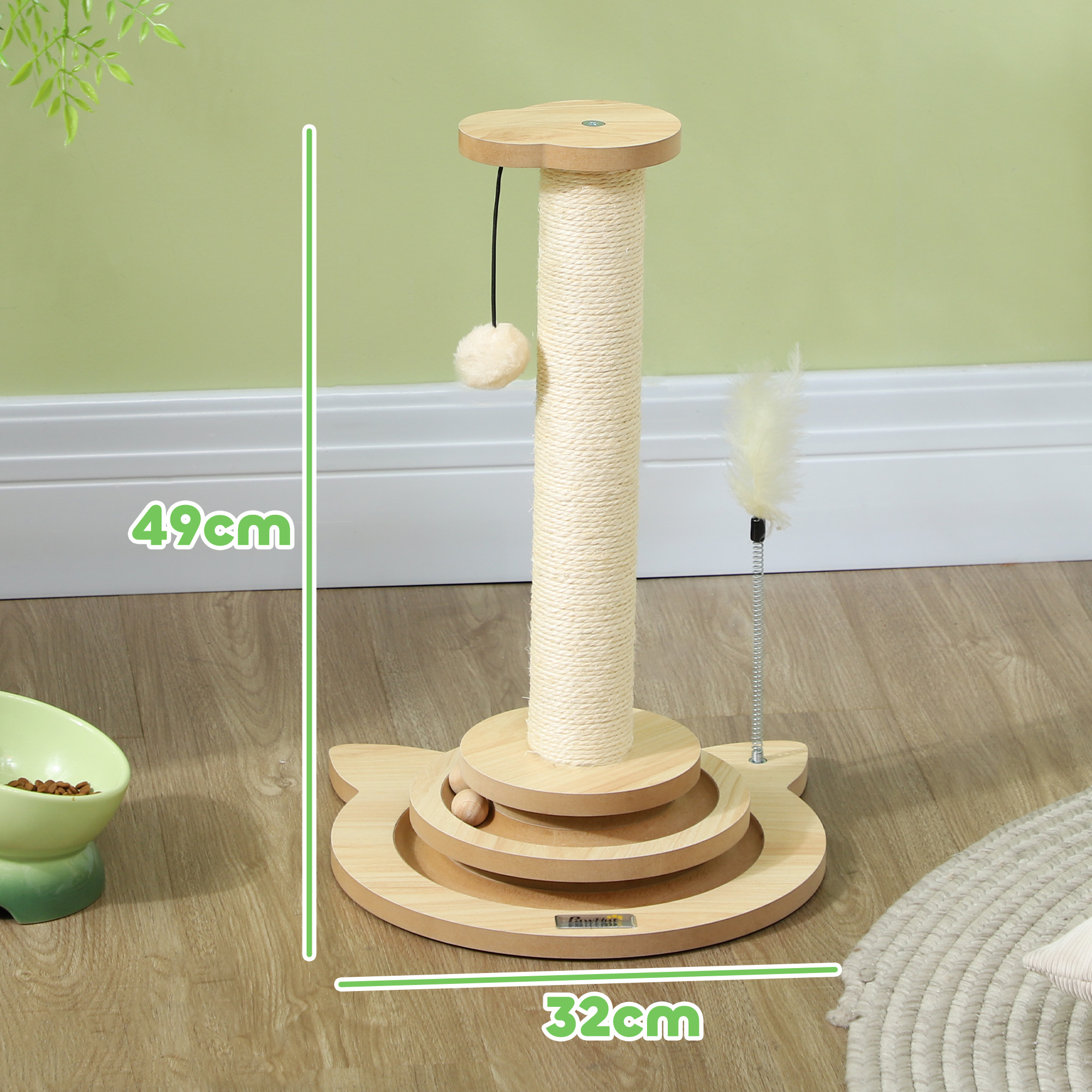 Katzen-Kratzbaum, 49 cm, Sisal-Kratzpfosten, Kugelbahn, Spielball, Spielfeder, 4-in-1-Design, Eiche, Weiß